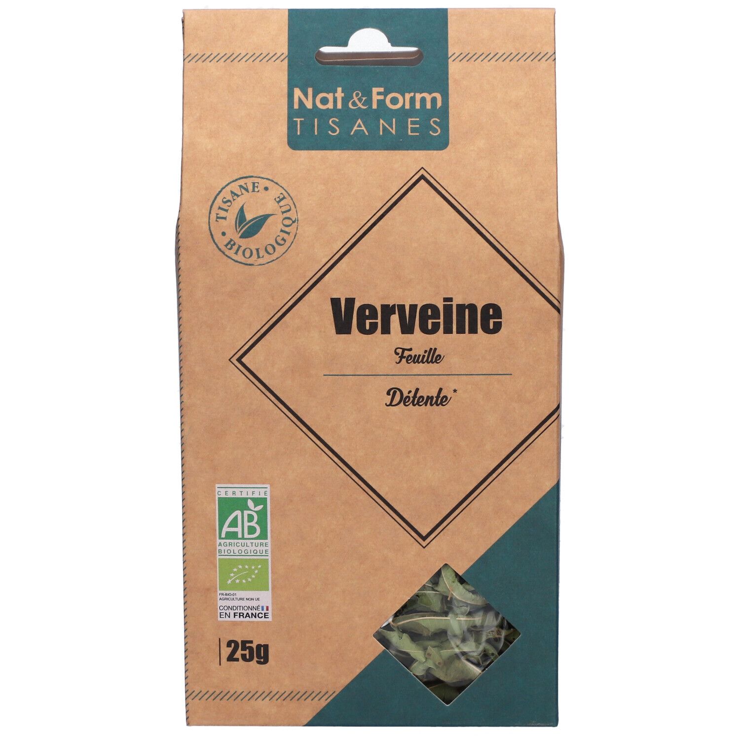Vooraanzicht van de verpakking Nat&Form Tisane Verveine bio. Bruine doos met venster en tekst. 25g.