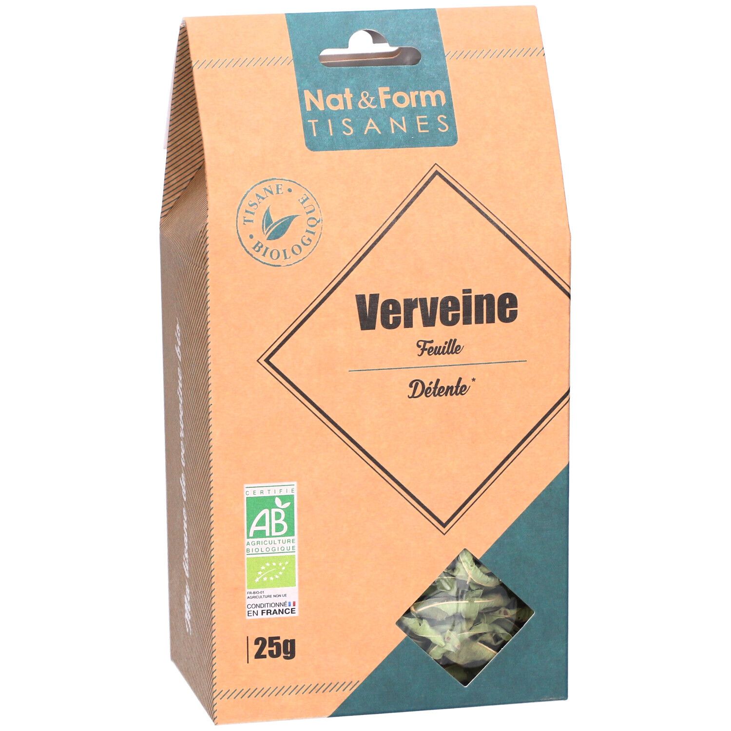 Vooraanzicht van de verpakking Nat&Form Tisane Verveine bio. Bruine doos met venster en tekst. 25g.
