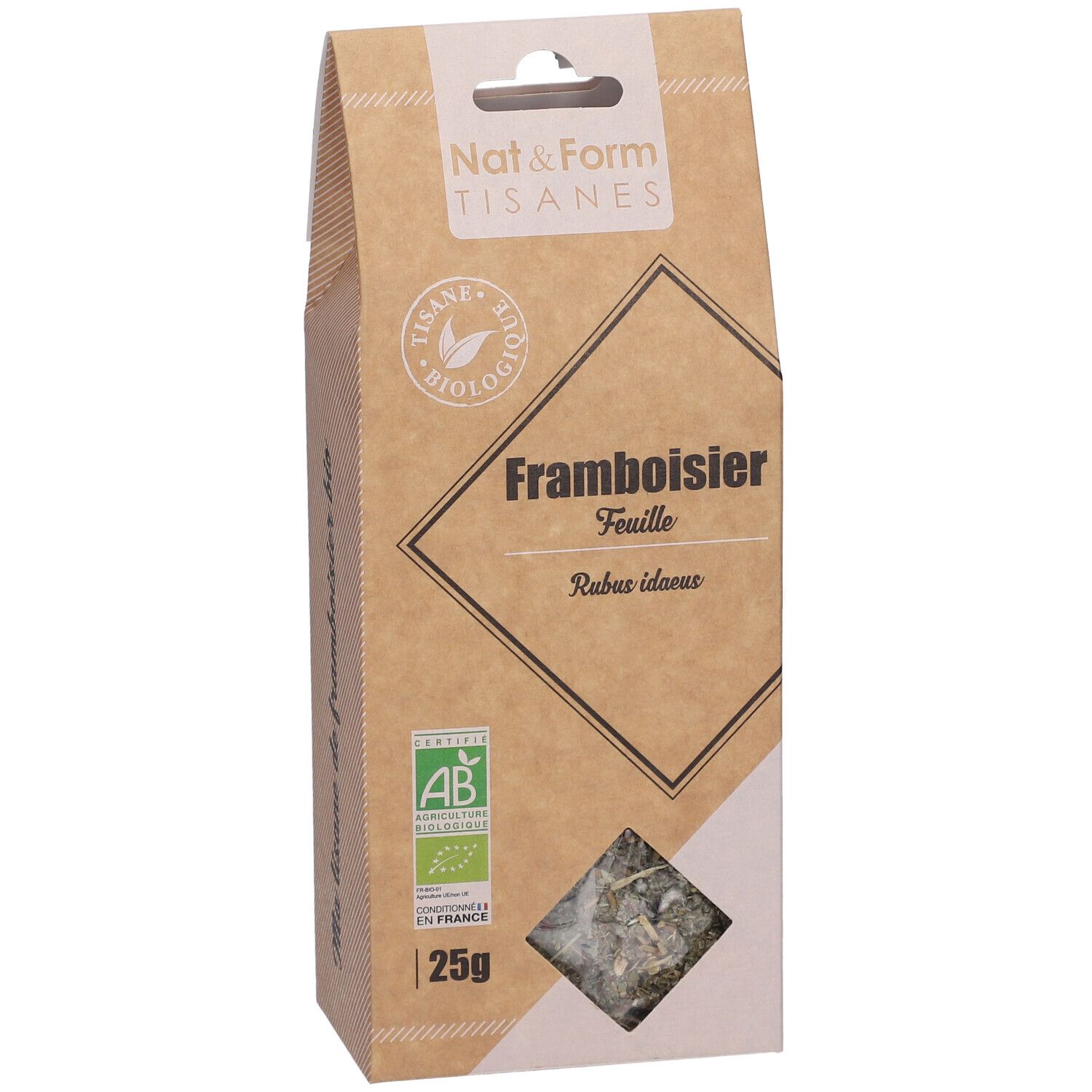 Bruine verpakking met venster. Opschrift: Framboisier Feuille, AB bio label, 25g.