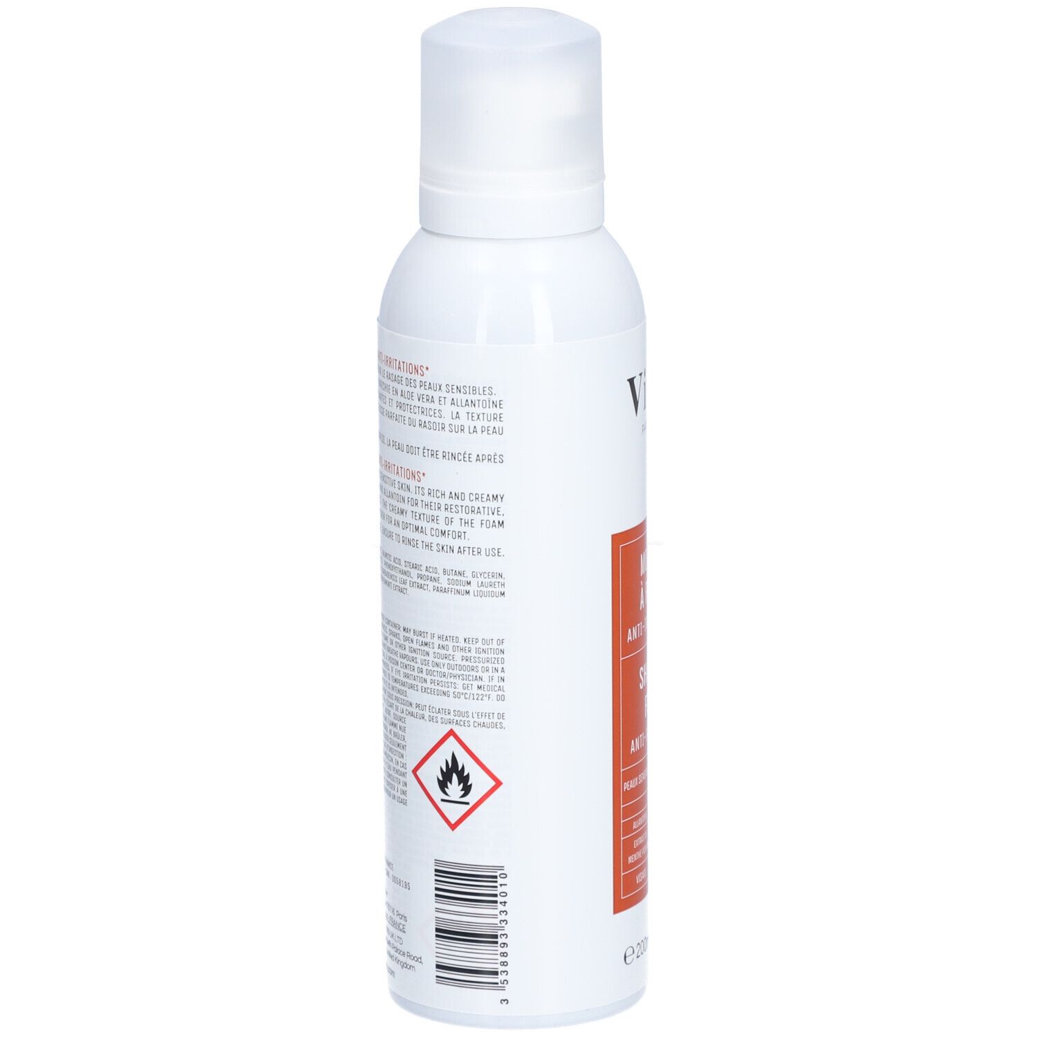 Flacon blanc, vue latérale. Texte et avertissements. Symbole de danger. Produit: Mousse à raser anti-irritations.