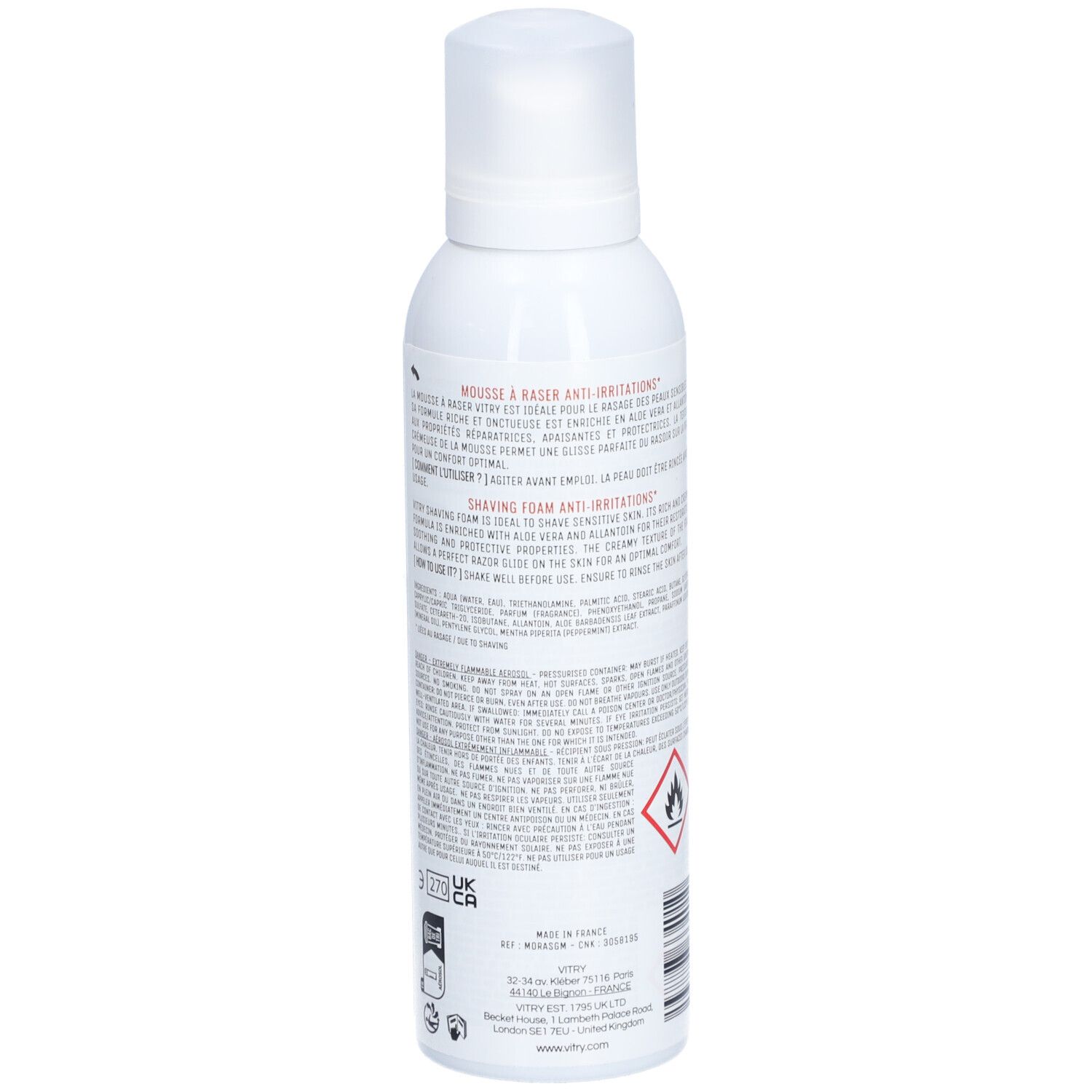 Flacon blanc, vue arrière. Texte: Mousse à raser anti-irritations, Shaving Foam. Avertissements et ingrédients.