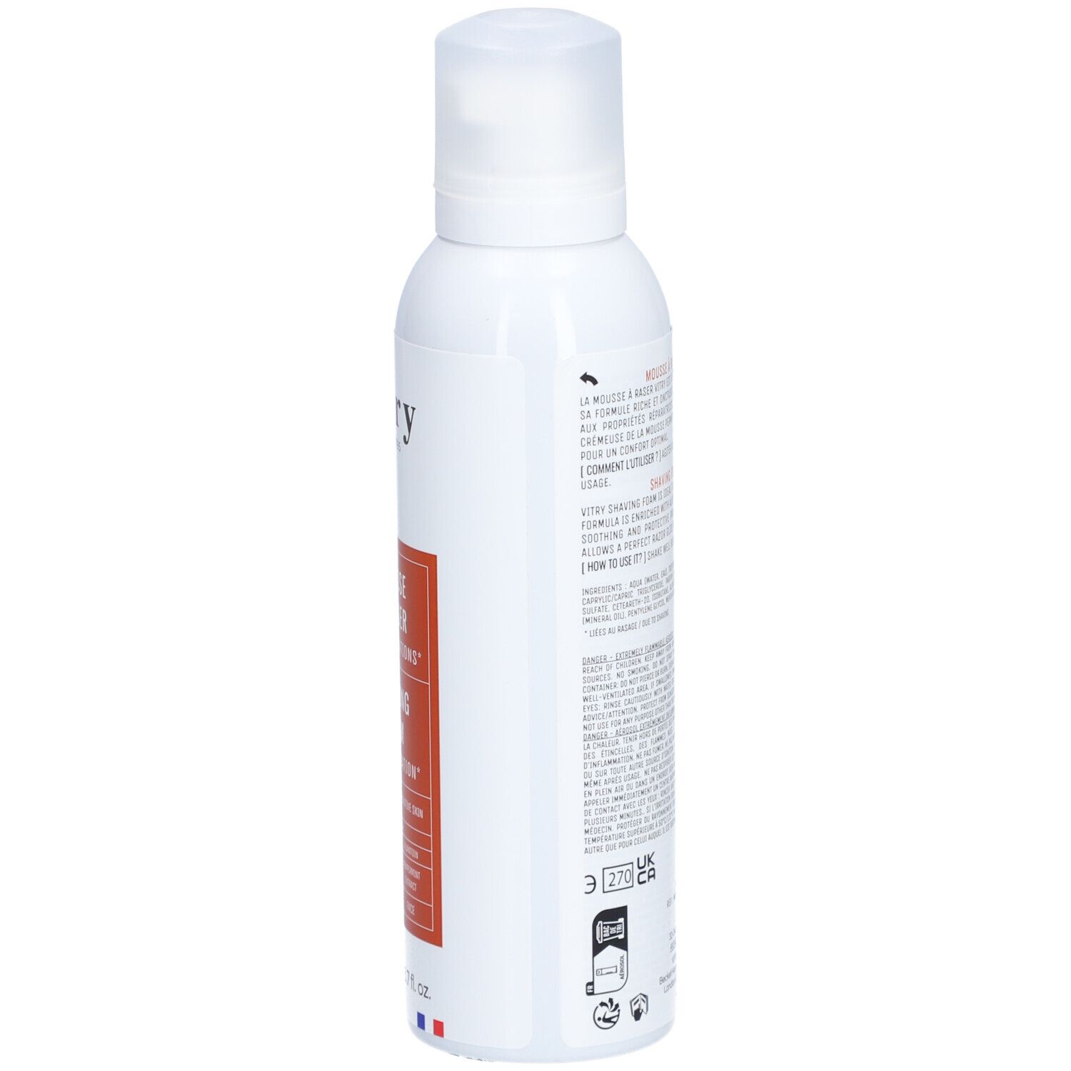 Flacon blanc, vue latérale. Texte et avertissements. Produit: Mousse à raser anti-irritations.