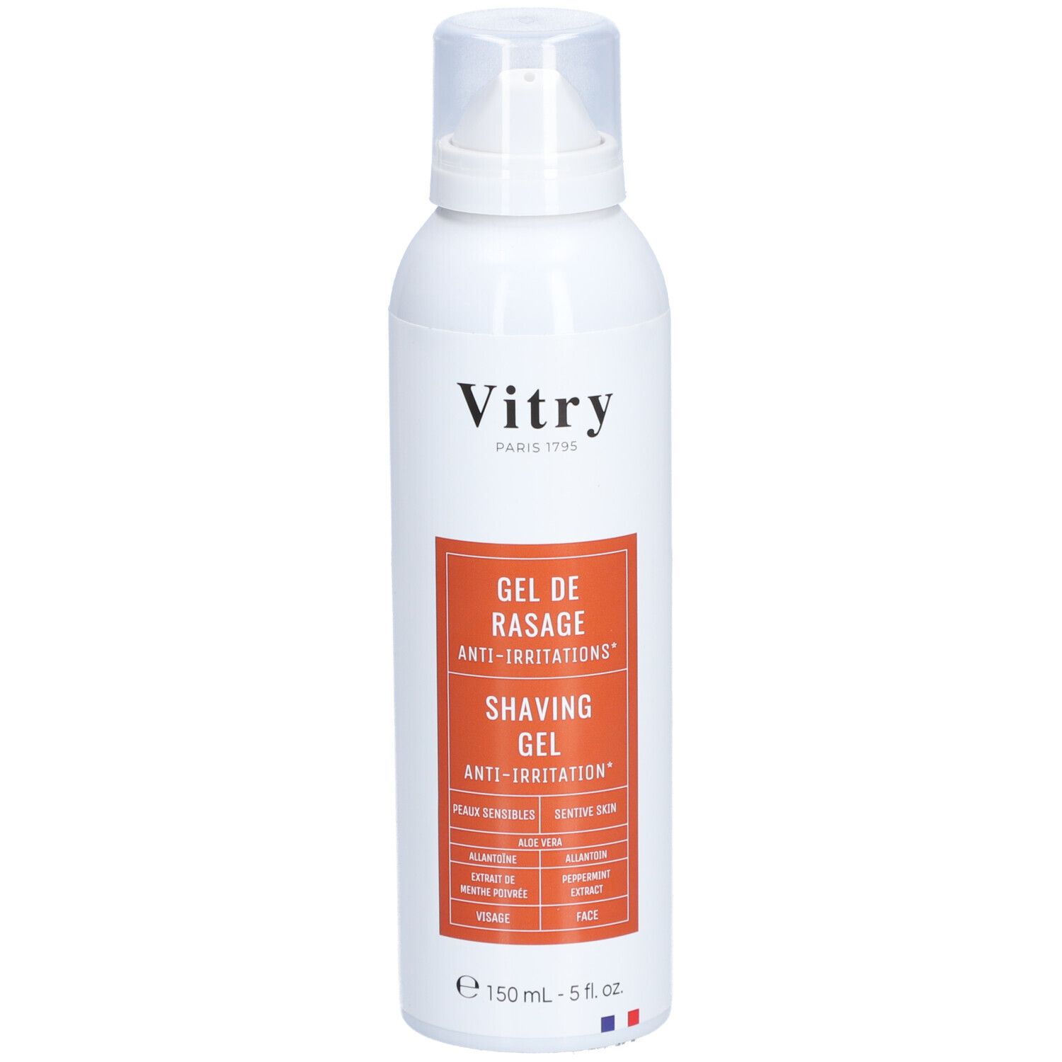 Witte fles met rood etiket. Opschrift: Vitry, Gel de rasage anti-irritations, Shaving gel anti-irritation. 150 ml.