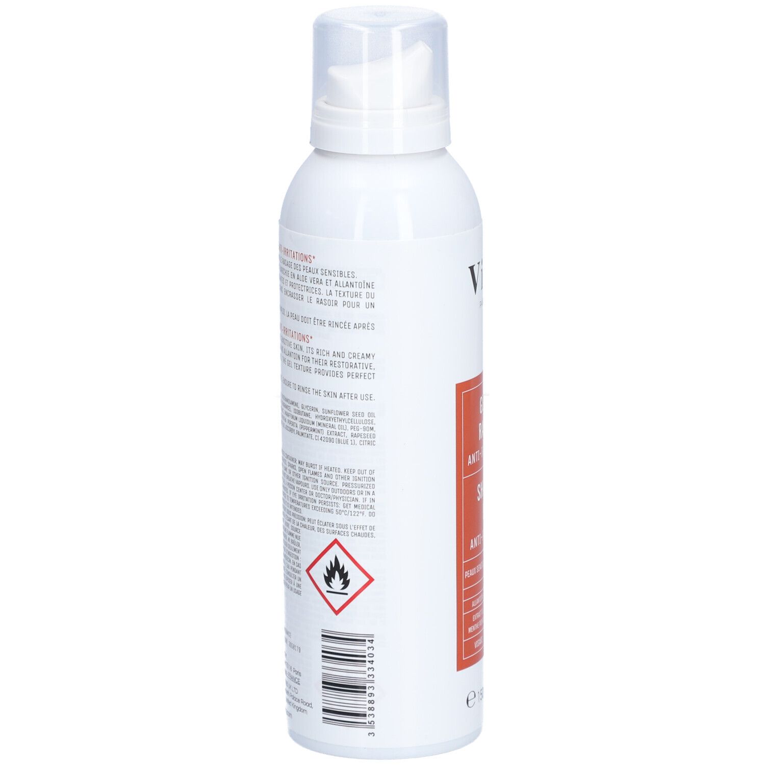 Witte fles, zijaanzicht. Rood etiket met tekst. Gevaarsymbool. Meertalige tekst. Gemaakt in Frankrijk.