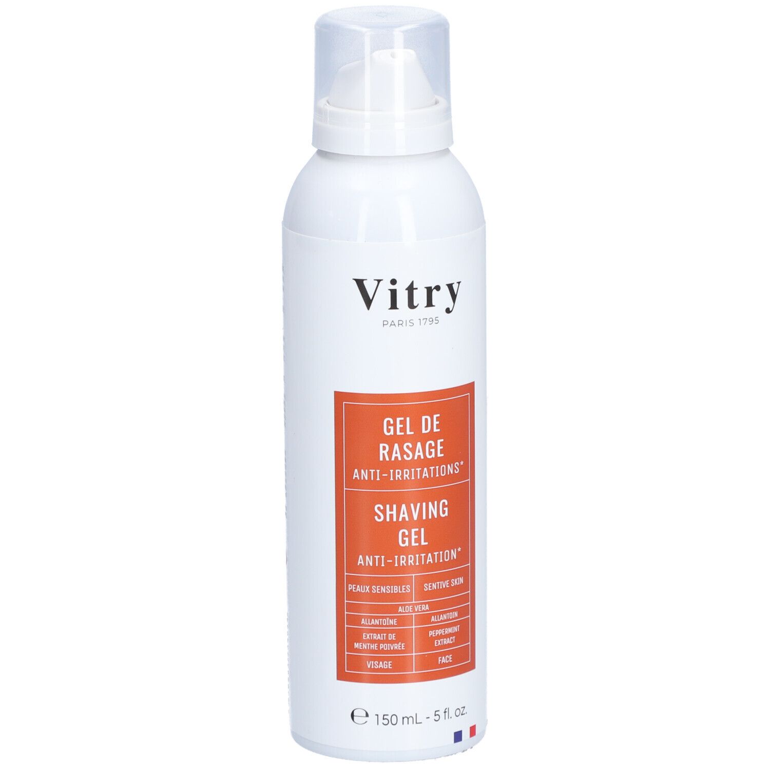 Witte fles met rood etiket. Opschrift: Vitry, Gel de rasage anti-irritations, Shaving gel anti-irritation. 150 ml.
