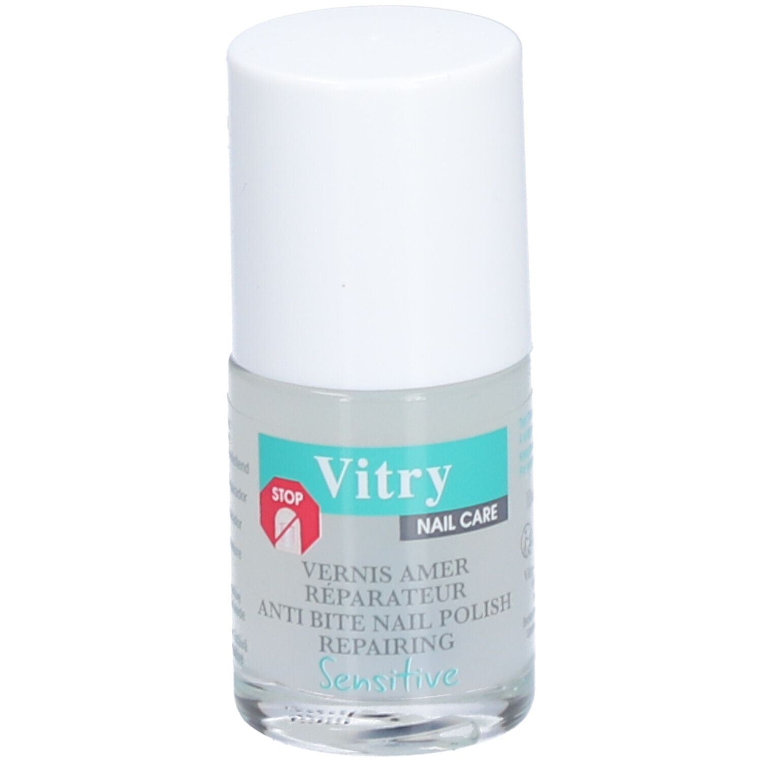 Transparante nagellakfles met witte dop. Opschrift: Vitry, Nail Care, anti-bijt nagellak, Sensitive.