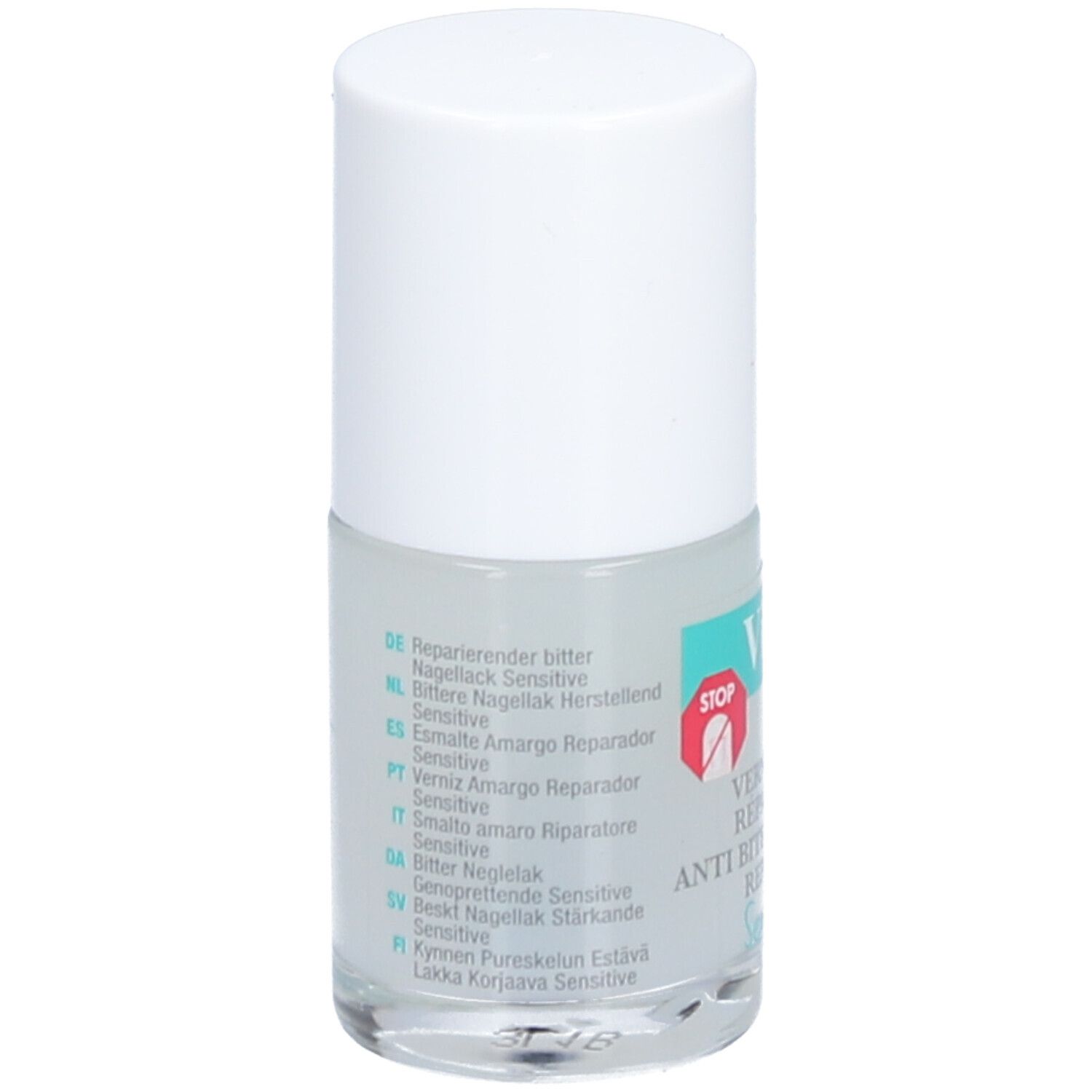 Nagellakfles met witte dop. Meertalige lijst: herstellende bittere nagellak, Sensitive.