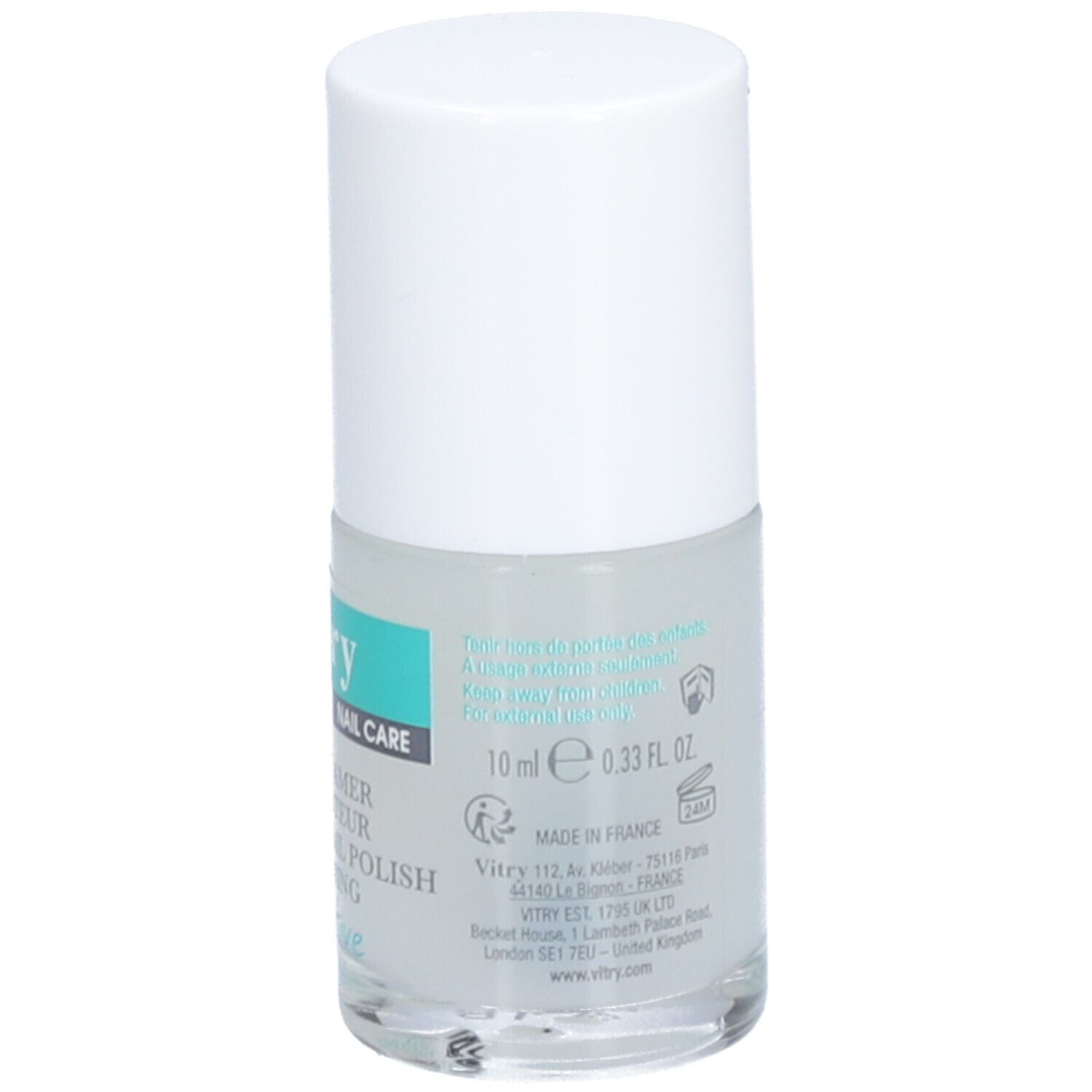 Nagellakfles met witte dop. Opschrift: Vitry, Nail Care, 10 ml, gemaakt in Frankrijk.