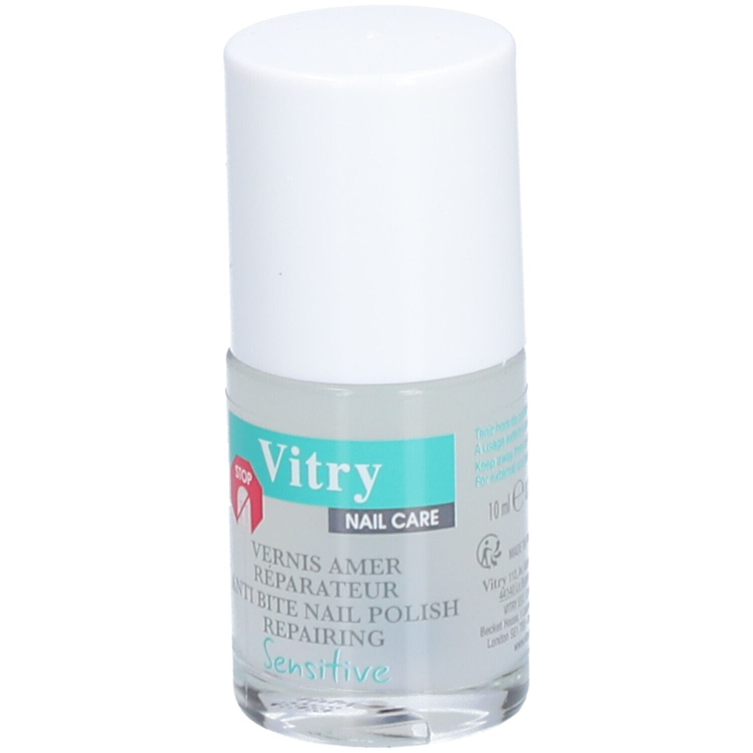 Nagellakfles met witte dop. Opschrift: Vitry, Nail Care, anti-nagelbijt lak, Sensitive, 10 ml.