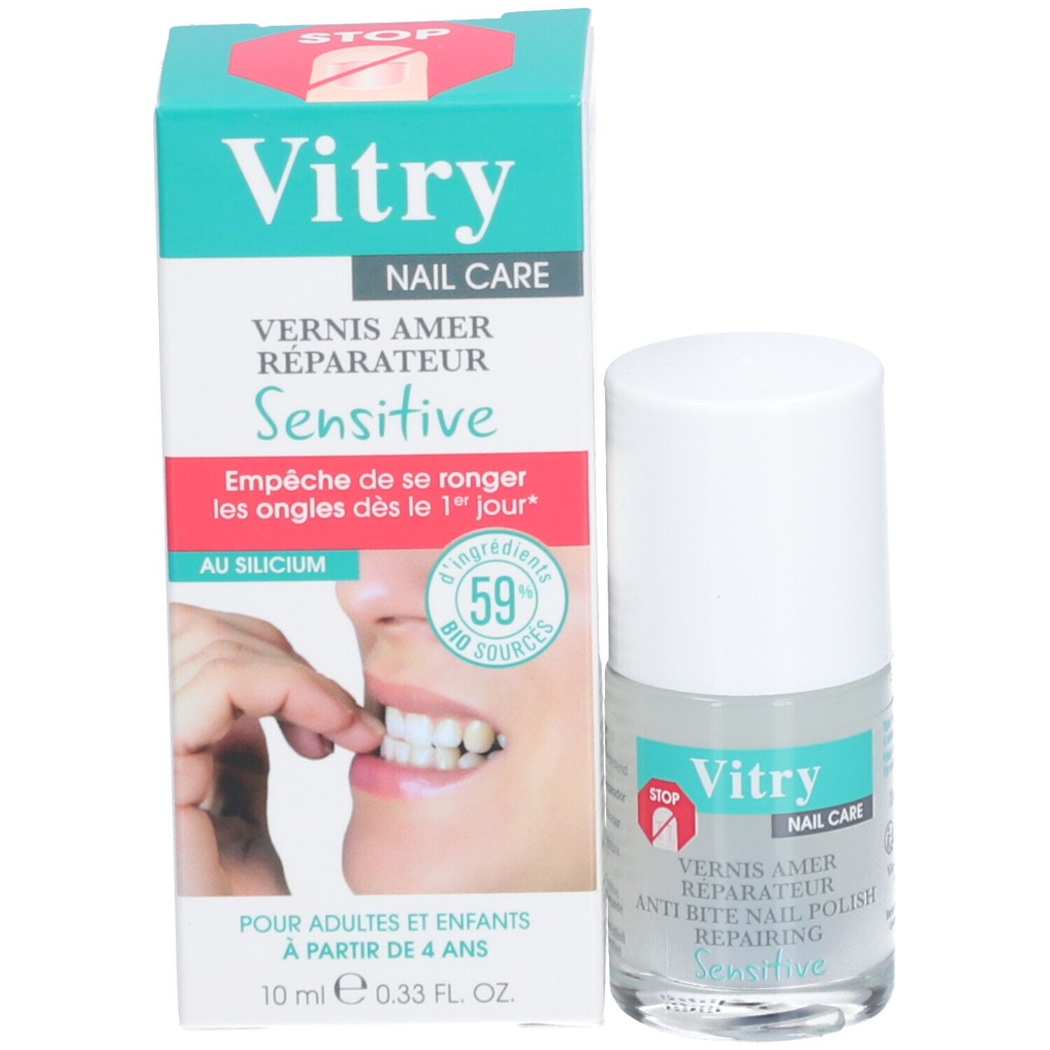 Productverpakking en nagellakfles. Verpakking met opschrift: Vitry, Nail Care, anti-nagelbijt lak, Sensitive.