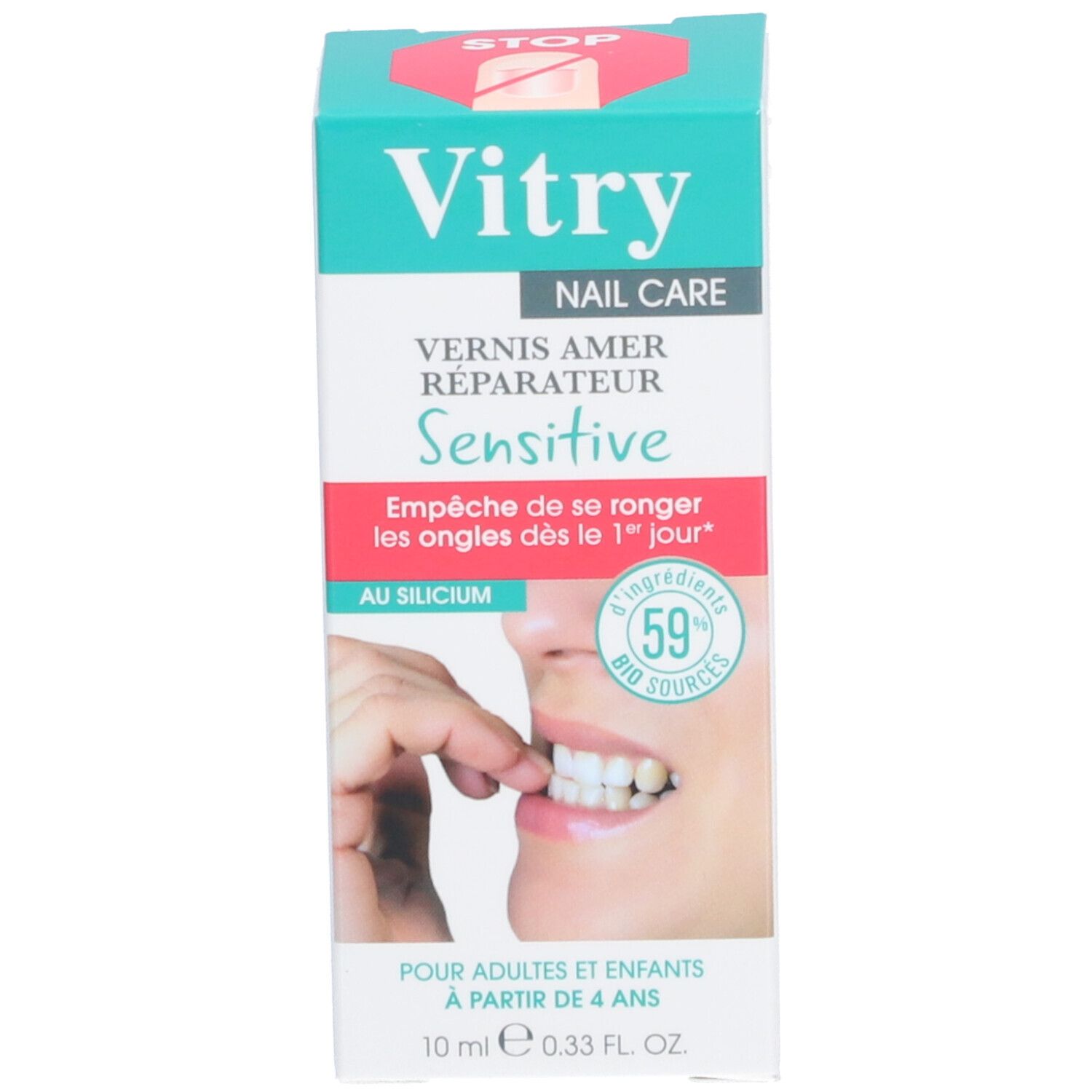 Productverpakking. Opschrift: Vitry, Nail Care, anti-nagelbijt lak, Sensitive. Illustratie van een hand in de mond.