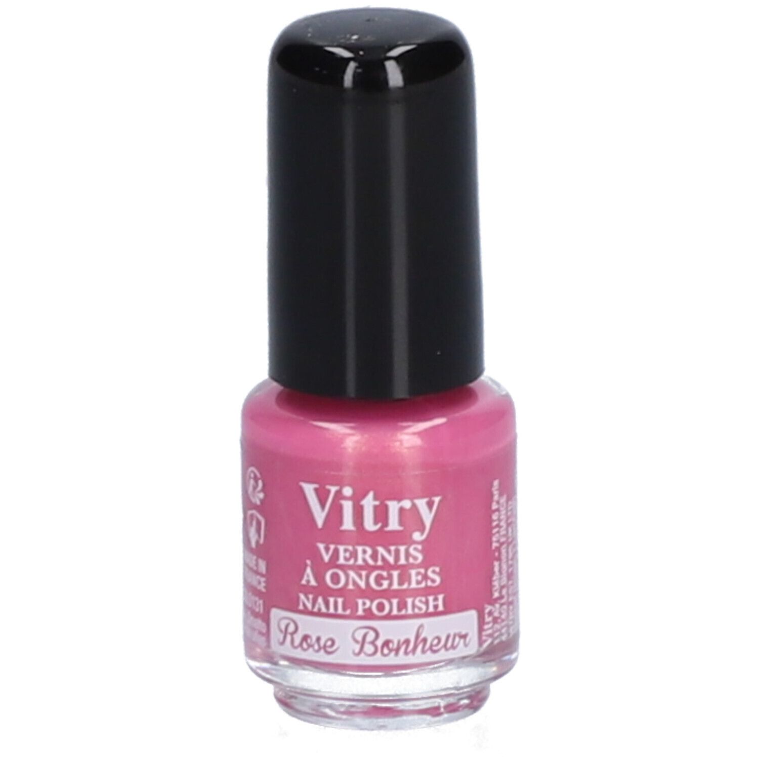 Roze nagellakflesje met zwarte dop. Opschrift: Vitry, Vernis à Ongles, Nail Polish, Rose Bonheur.