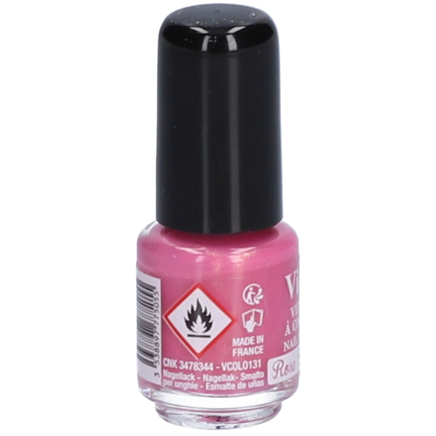 Roze nagellakflesje met zwarte dop. Opschrift: Vitry, Vernis à Ongles, Nail Polish, Rose Bonheur. Gevaarsymbool.
