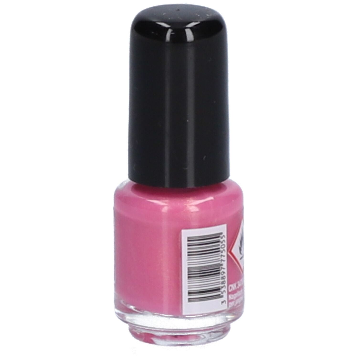 Roze nagellakflesje met zwarte dop. Achterkant met barcode en gevaarsymbool.