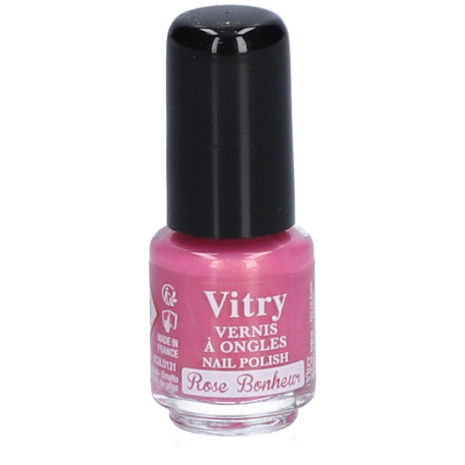 Roze nagellakflesje met zwarte dop. Opschrift: Vitry, Vernis à Ongles, Nail Polish, Rose Bonheur.