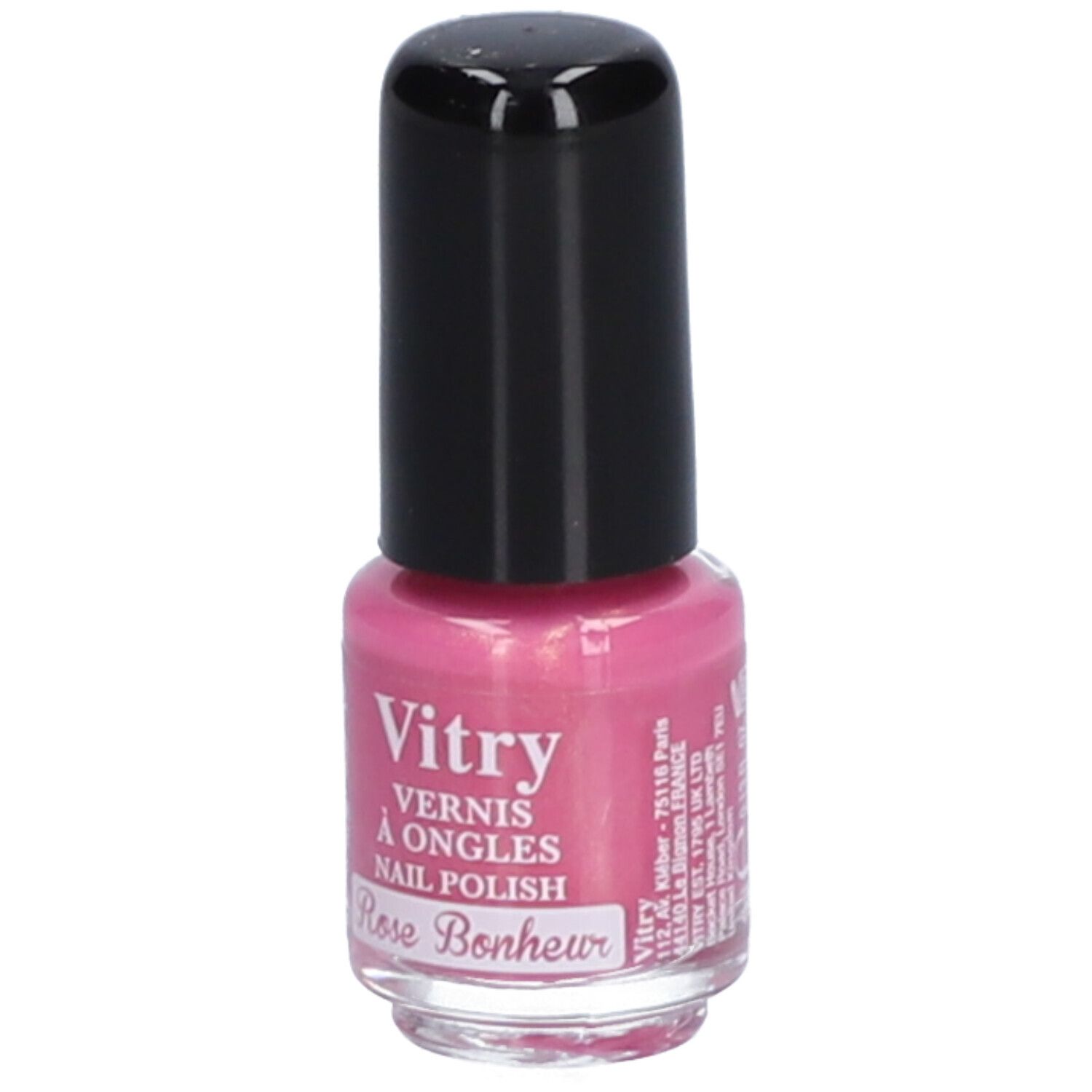 Roze nagellakflesje met zwarte dop. Opschrift: Vitry, Vernis à Ongles, Nail Polish, Rose Bonheur. Extra informatie.