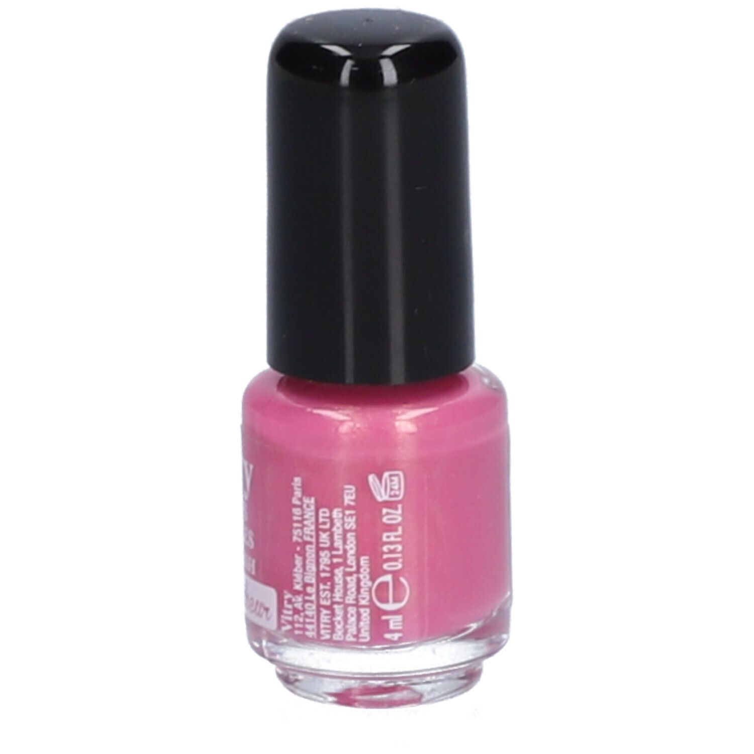Roze nagellakflesje met zwarte dop. Opschrift: Vitry, 4 ml, 0.13 fl oz.