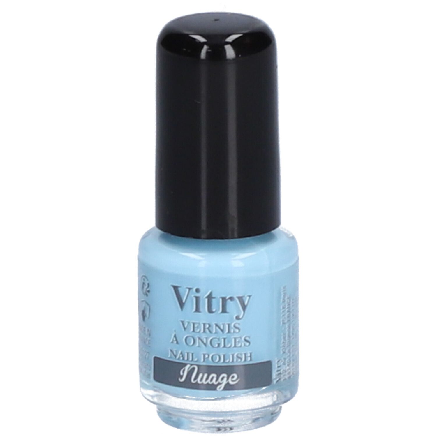 Flacon de vernis à ongles bleu clair avec bouchon noir. Inscription : Vitry, Vernis à Ongles, Nail Polish, Nuage.