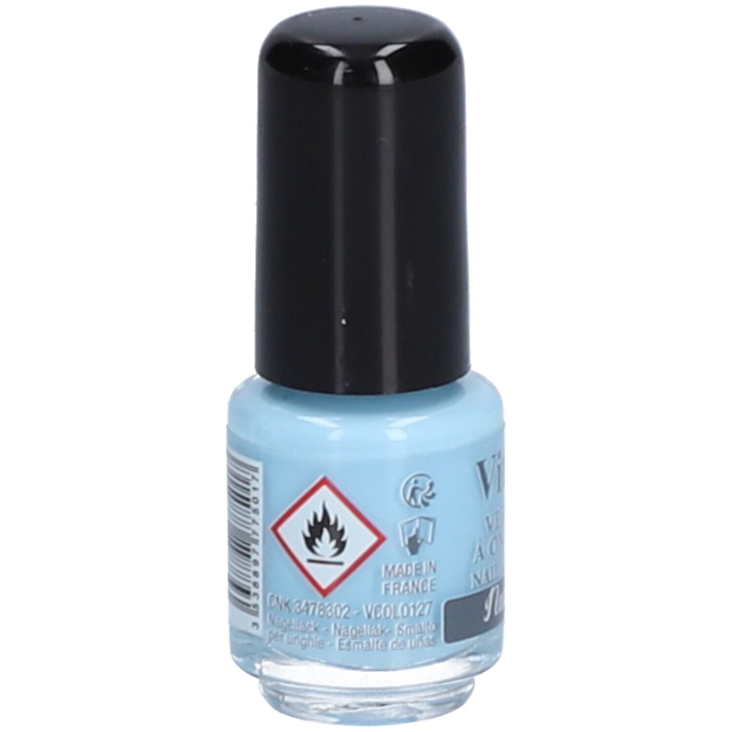 Flacon de vernis à ongles bleu clair avec bouchon noir. Inscriptions : Avertissement, Made in France, code-barres.