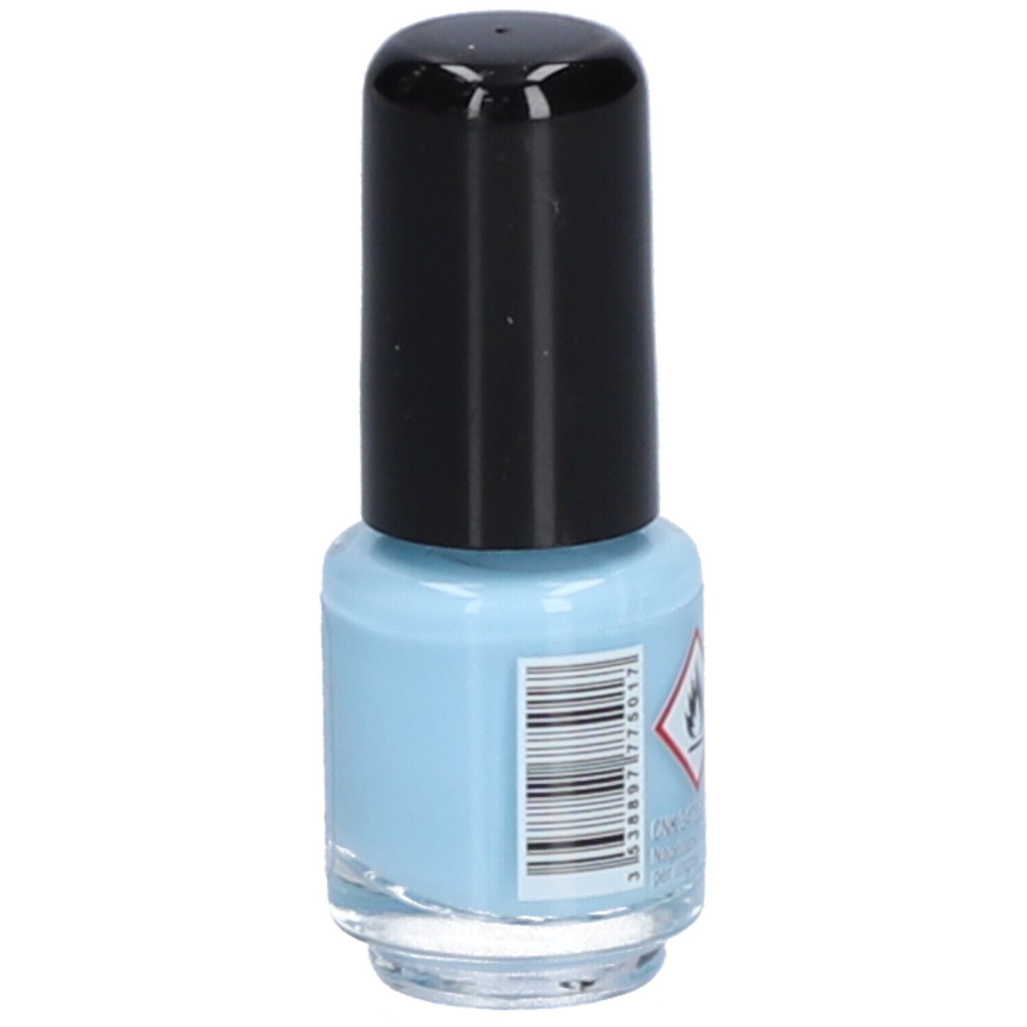Flacon de vernis à ongles bleu clair avec bouchon noir. Code-barres et avertissement.