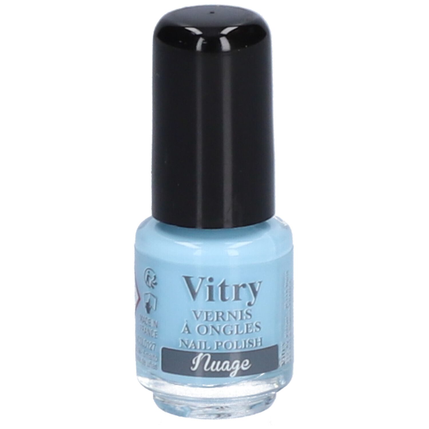 Flacon de vernis à ongles bleu clair avec bouchon noir. Inscription : Vitry, Vernis à Ongles, Nail Polish, Nuage.