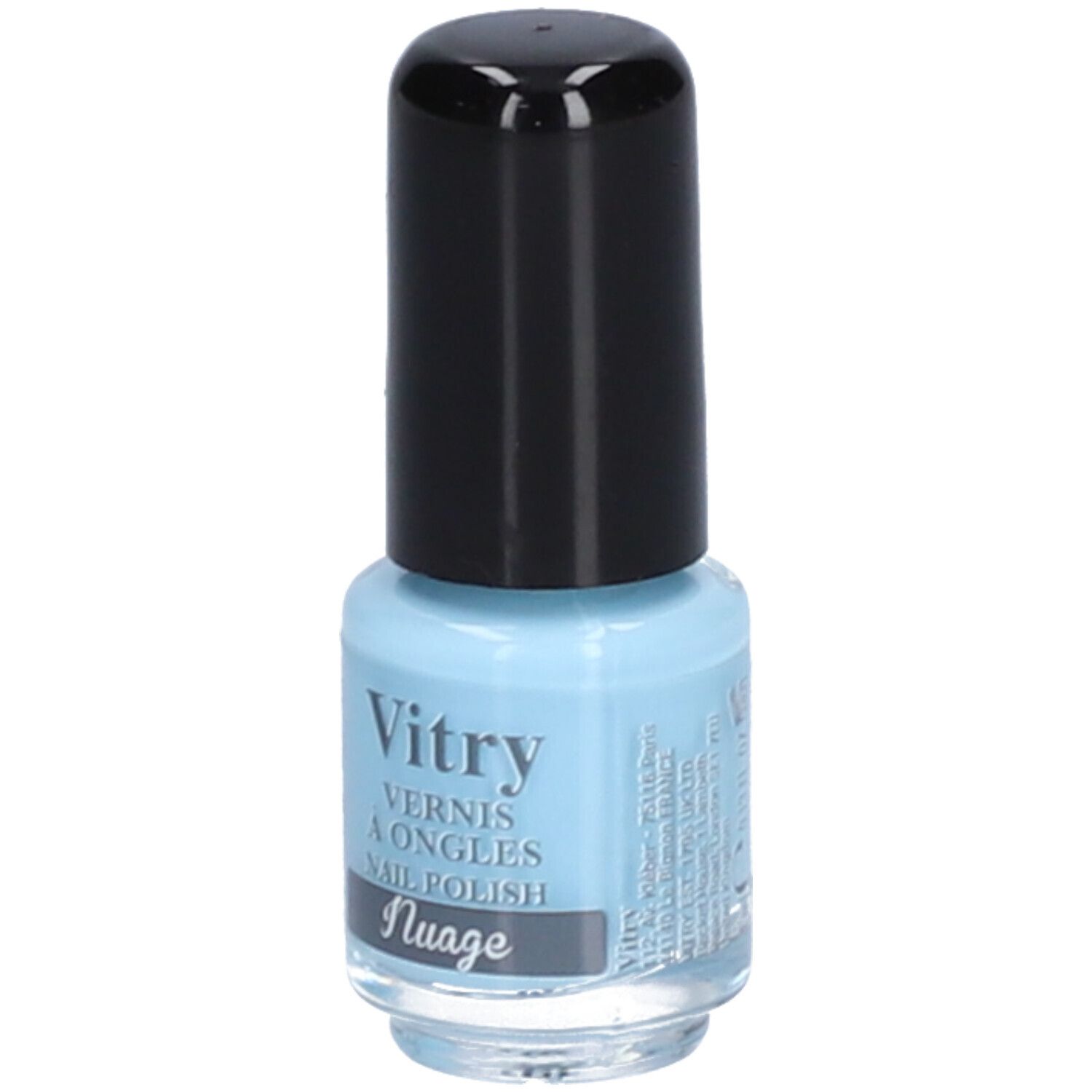Flacon de vernis à ongles bleu clair avec bouchon noir. Inscription : Vitry, Vernis à Ongles, Nail Polish, Nuage.