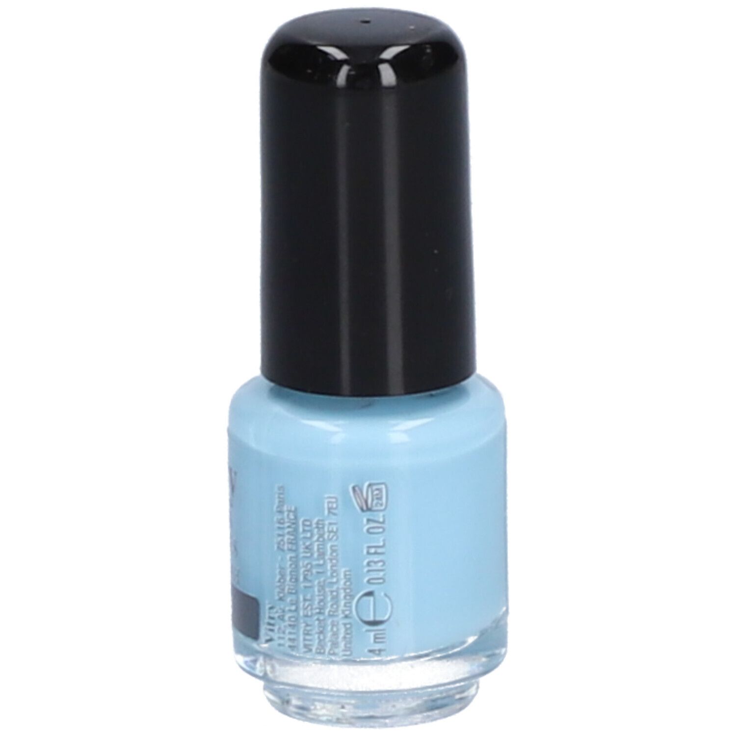Flacon de vernis à ongles bleu clair avec bouchon noir. Inscriptions : Volume 4 ml, 0.13 fl oz.