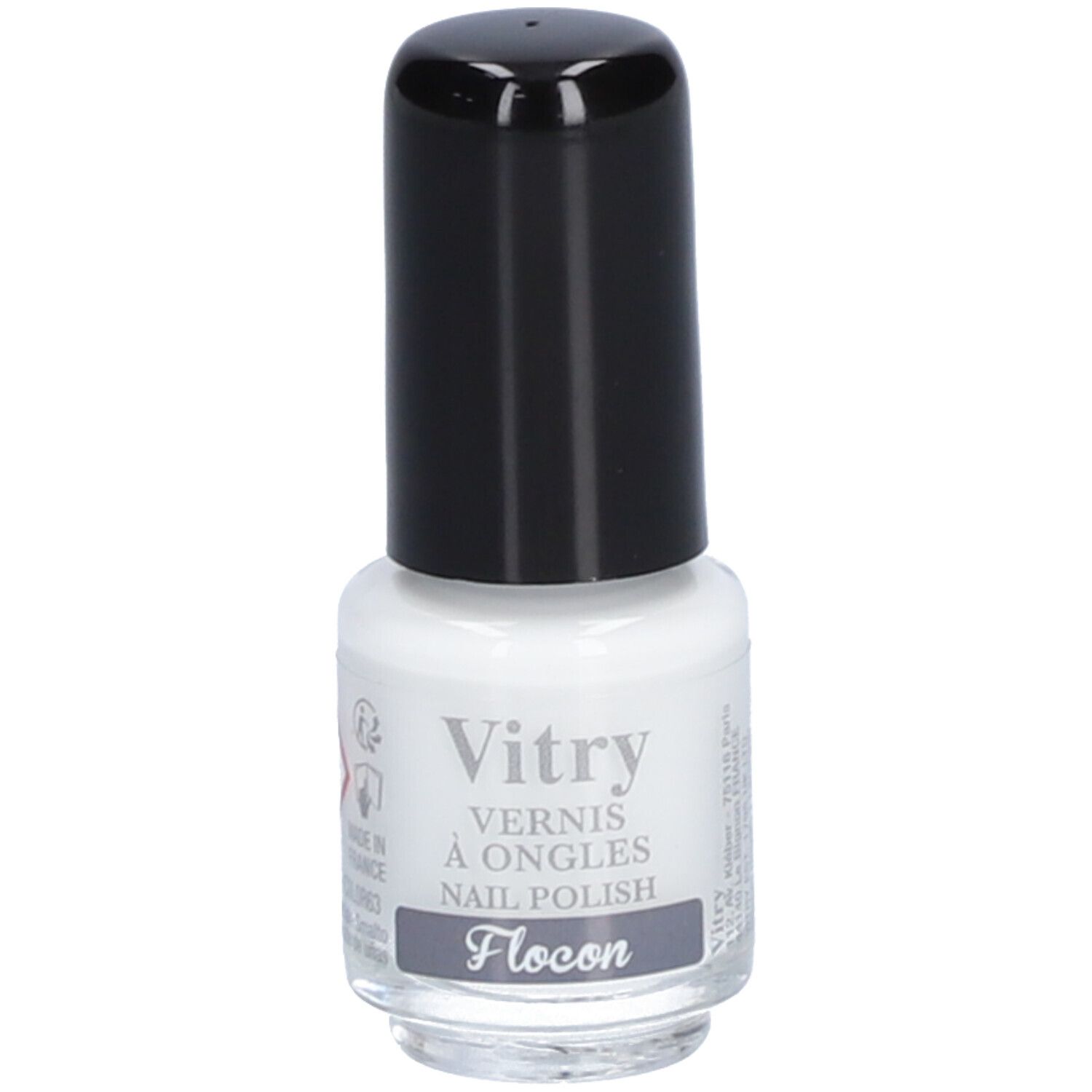 Witte nagellakfles met zwarte dop. Opschrift: Vitry, Vernis à Ongles, Nail Polish, Flocon.
