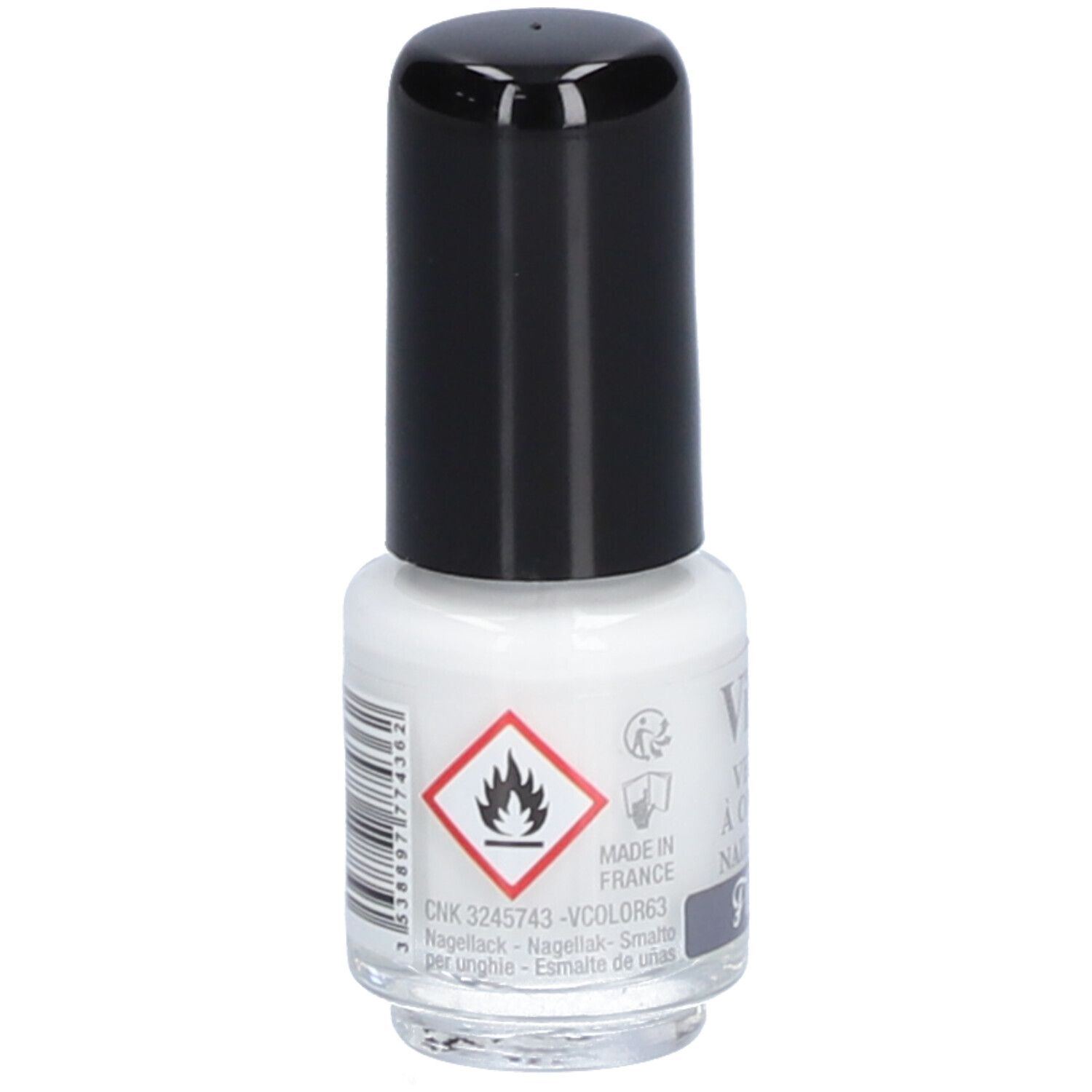 Witte nagellakfles met zwarte dop. Bedrukkingen: vlammensymbool, Made in France, CNK-code, barcode.