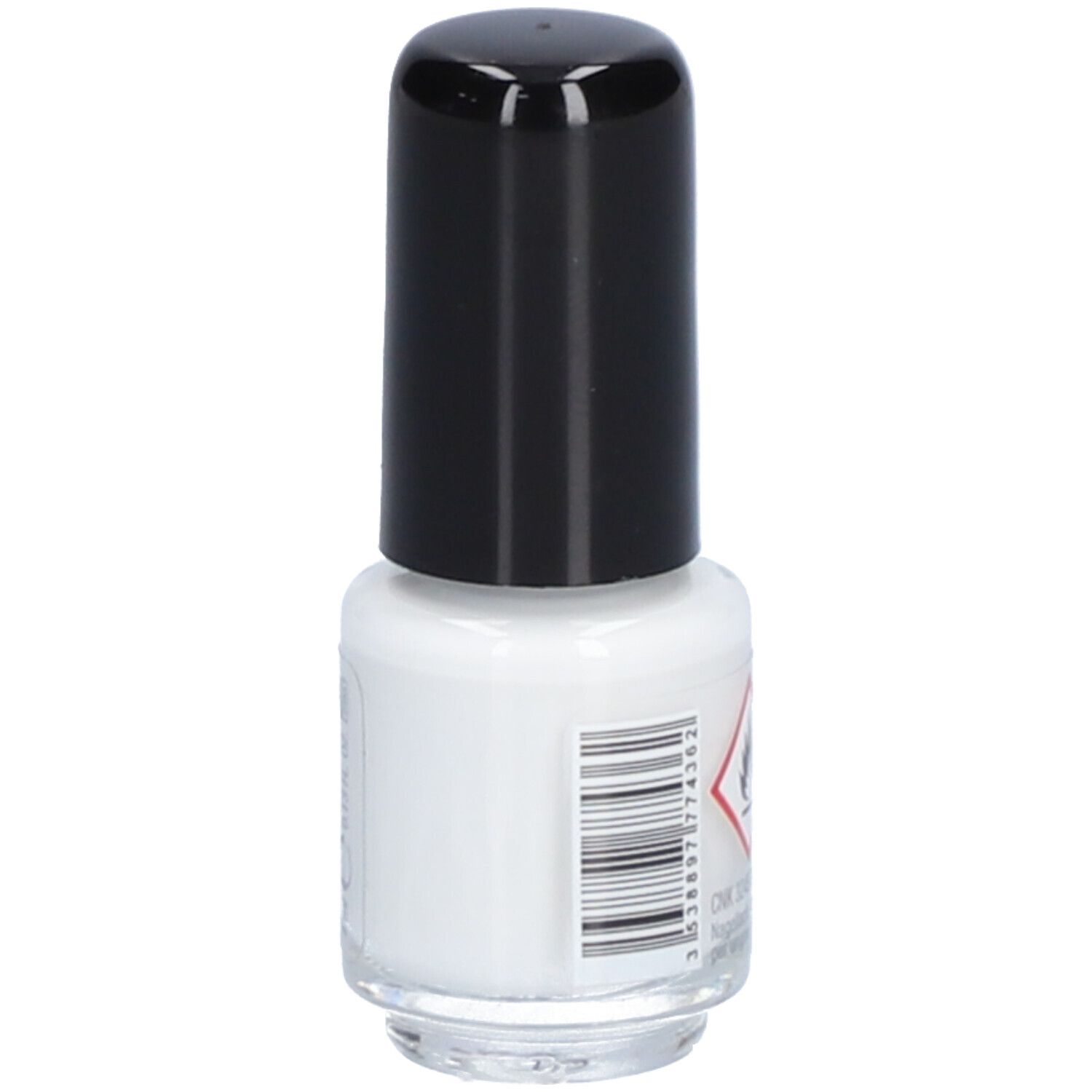Witte nagellakfles met zwarte dop. Bedrukkingen: barcode, waarschuwing.