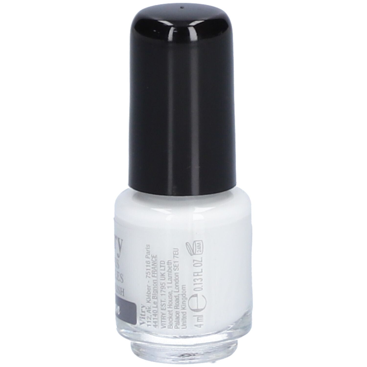 Witte nagellakfles met zwarte dop. Bedrukkingen: Vitry, 4 ml, 0.13 fl oz, adresgegevens.