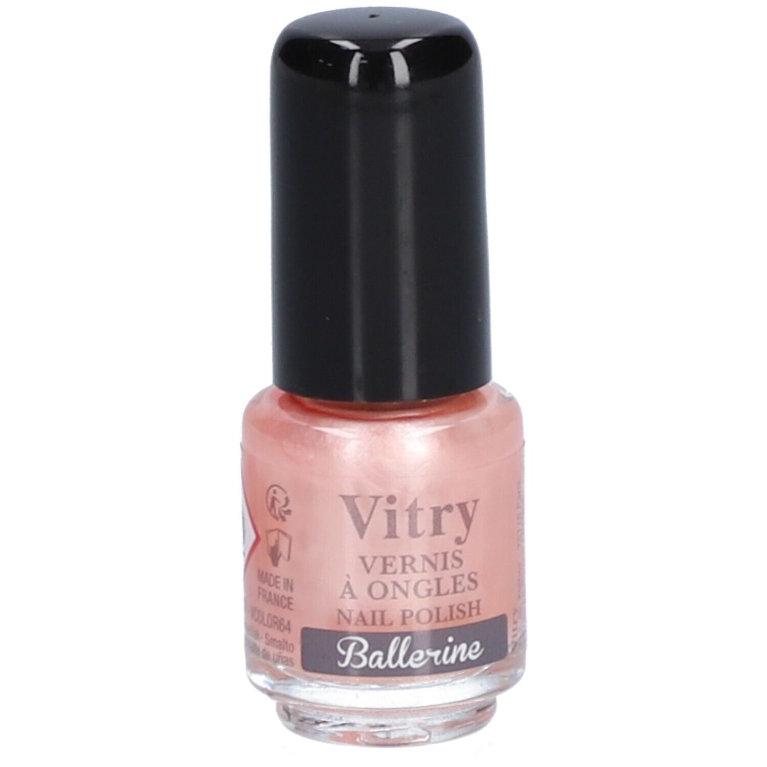 Roze nagellakfles met zwarte dop. Opschrift: Vitry, Vernis à Ongles, Nail Polish, Ballerine.