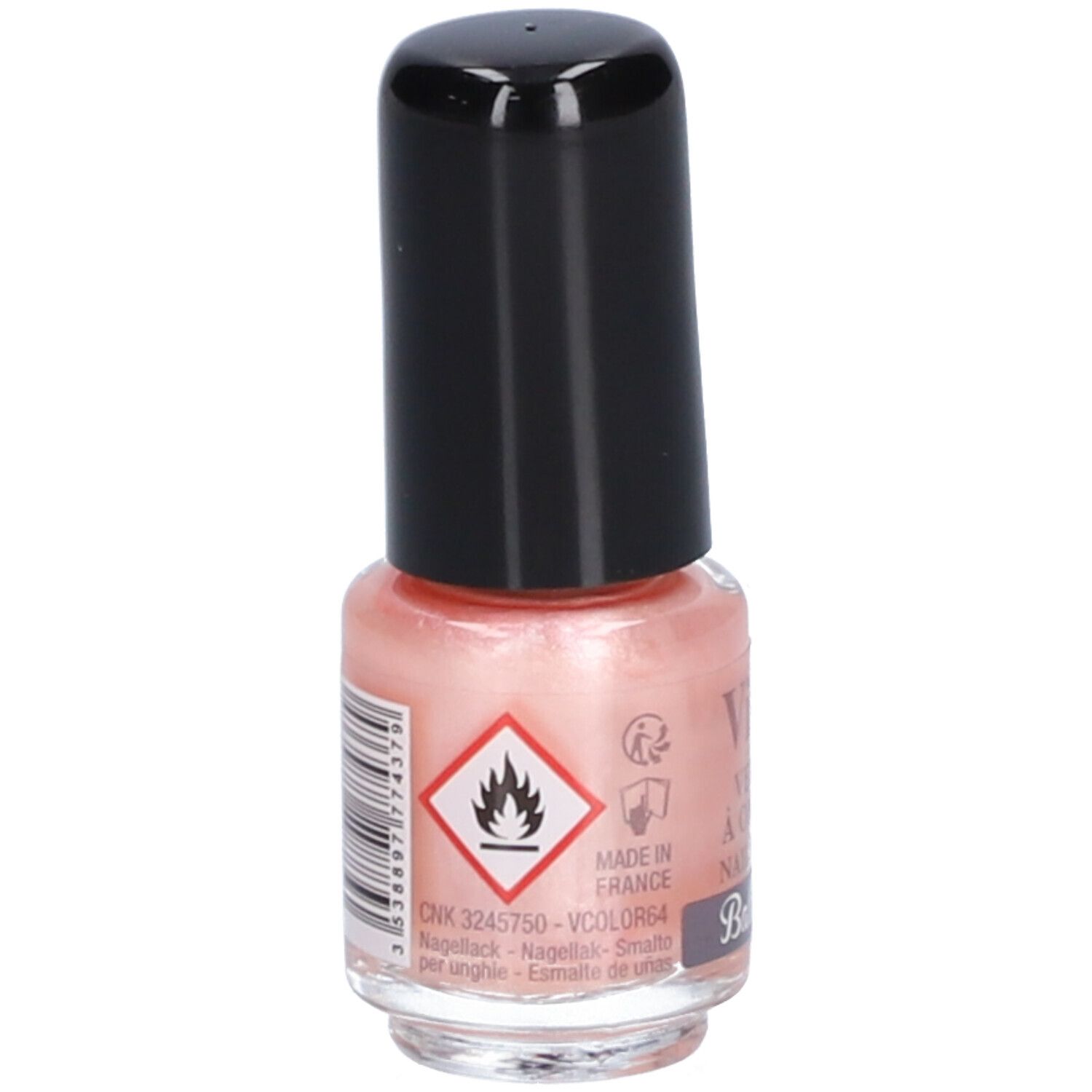 Roze nagellakfles met zwarte dop. Achterkant met waarschuwing en barcode.