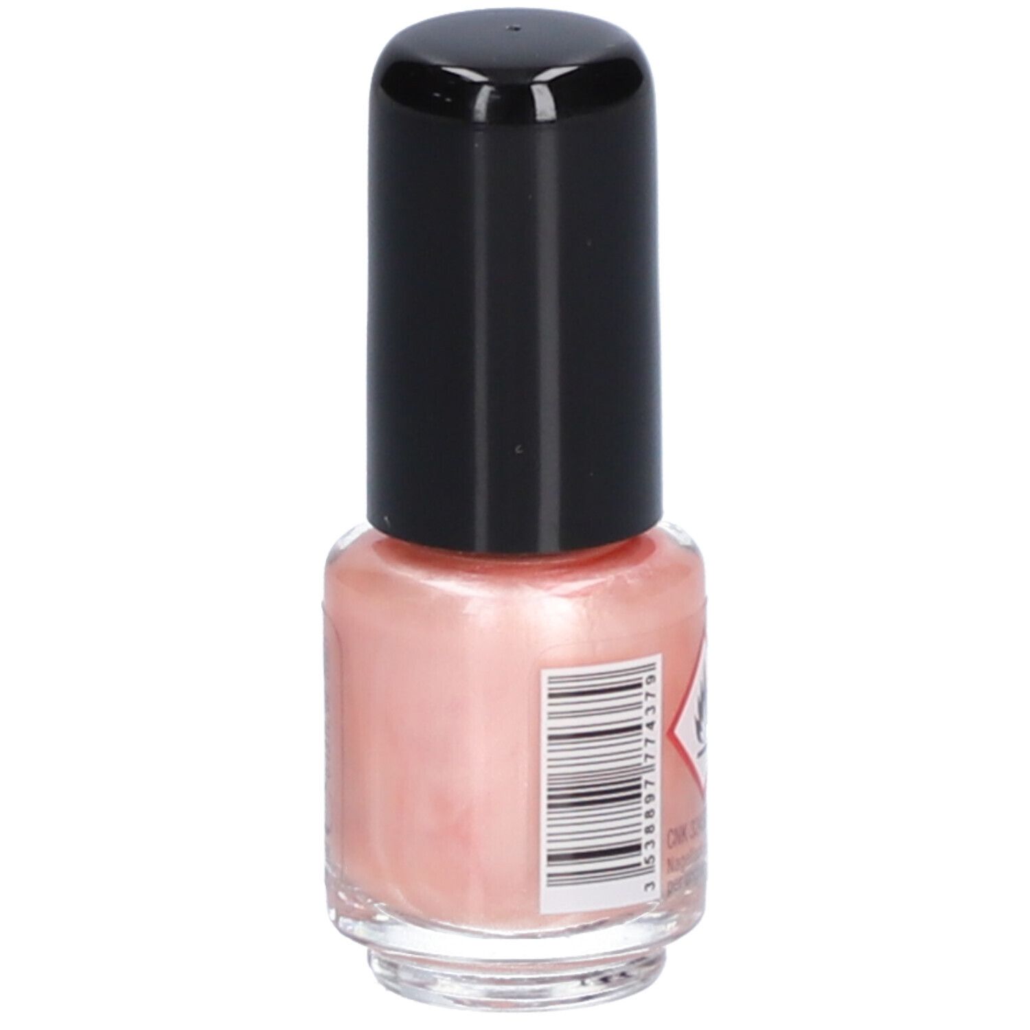 Roze nagellakfles met zwarte dop. Achterkant met barcode en waarschuwing.