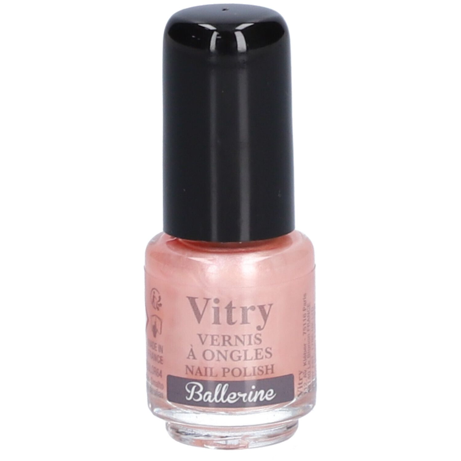 Roze nagellakfles met zwarte dop. Opschrift: Vitry, Vernis à Ongles, Nail Polish, Ballerine.