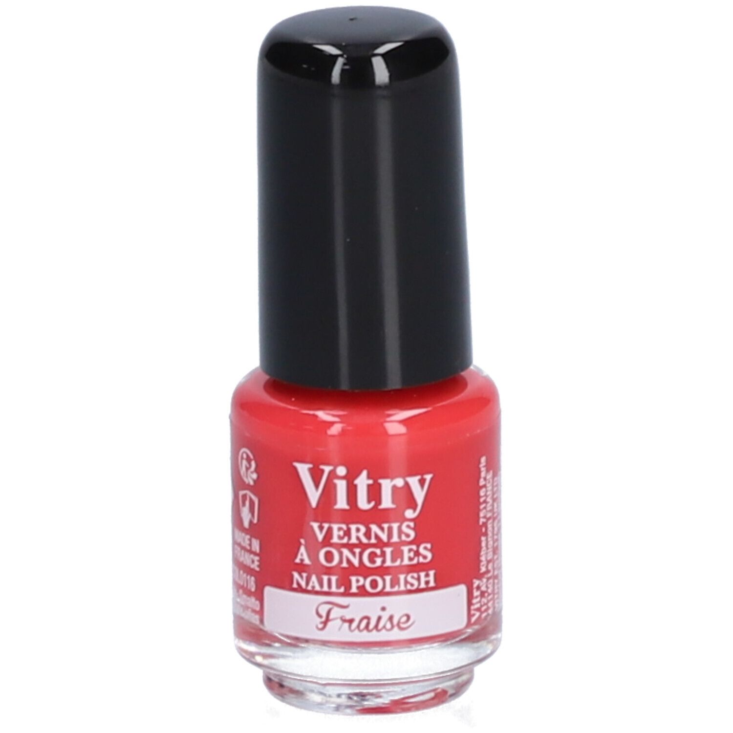 Nagellakflesje met rode vloeistof en zwarte dop. Opschrift: Vitry, Vernis à Ongles, Nail Polish, Fraise.