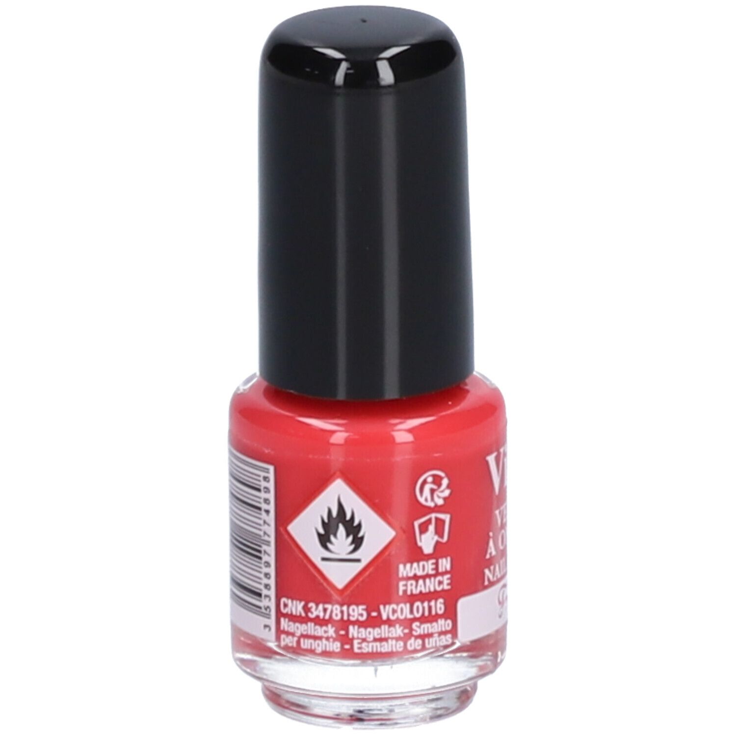 Rood nagellakflesje met zwarte dop. Achterkant met waarschuwingssymbolen en barcode. Opschrift: Vitry.