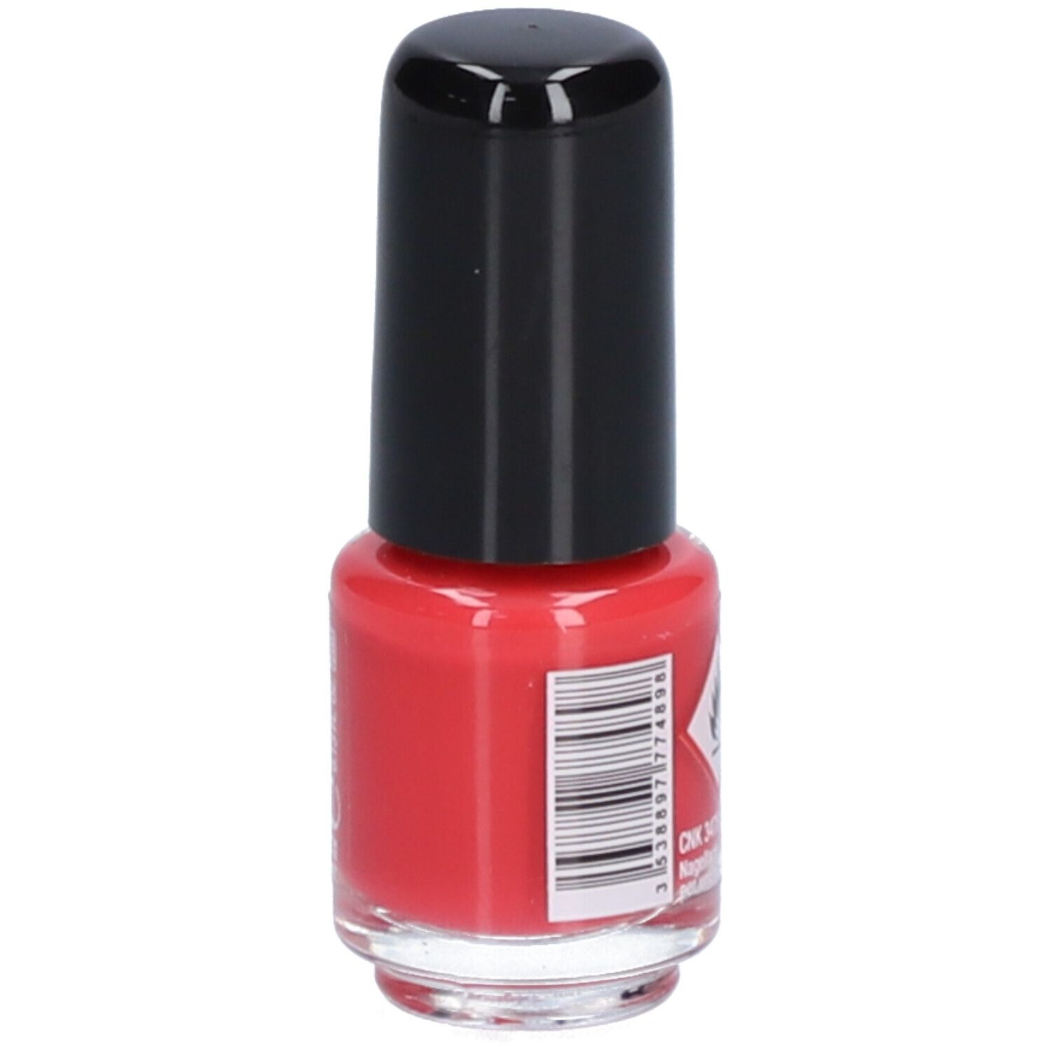 Rood nagellakflesje met zwarte dop. Achterkant met barcode. Opschrift: Vitry, Vernis à Ongles.