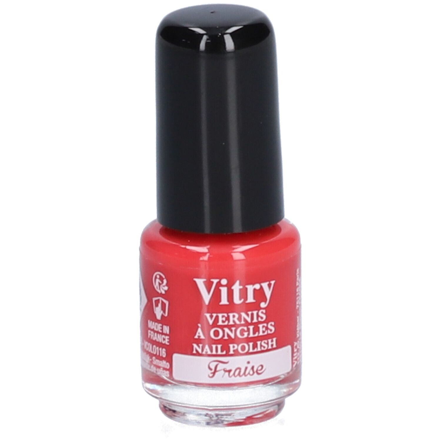 Nagellakflesje met rode vloeistof en zwarte dop. Opschrift: Vitry, Vernis à Ongles, Nail Polish, Fraise.