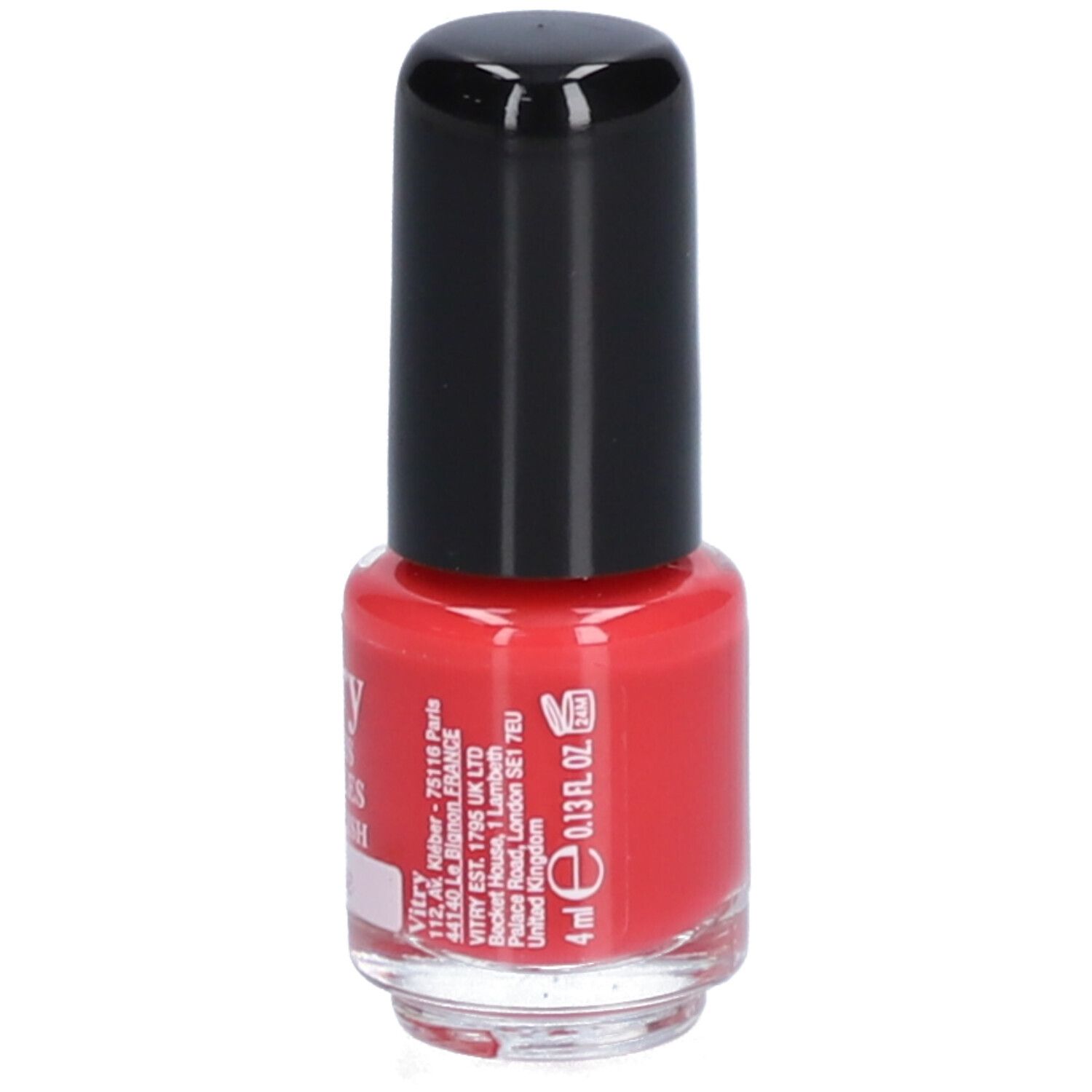 Rood nagellakflesje met zwarte dop. Opschrift: Vitry, Vernis à Ongles, Nail Polish, Fraise. Volume: 4 ml.