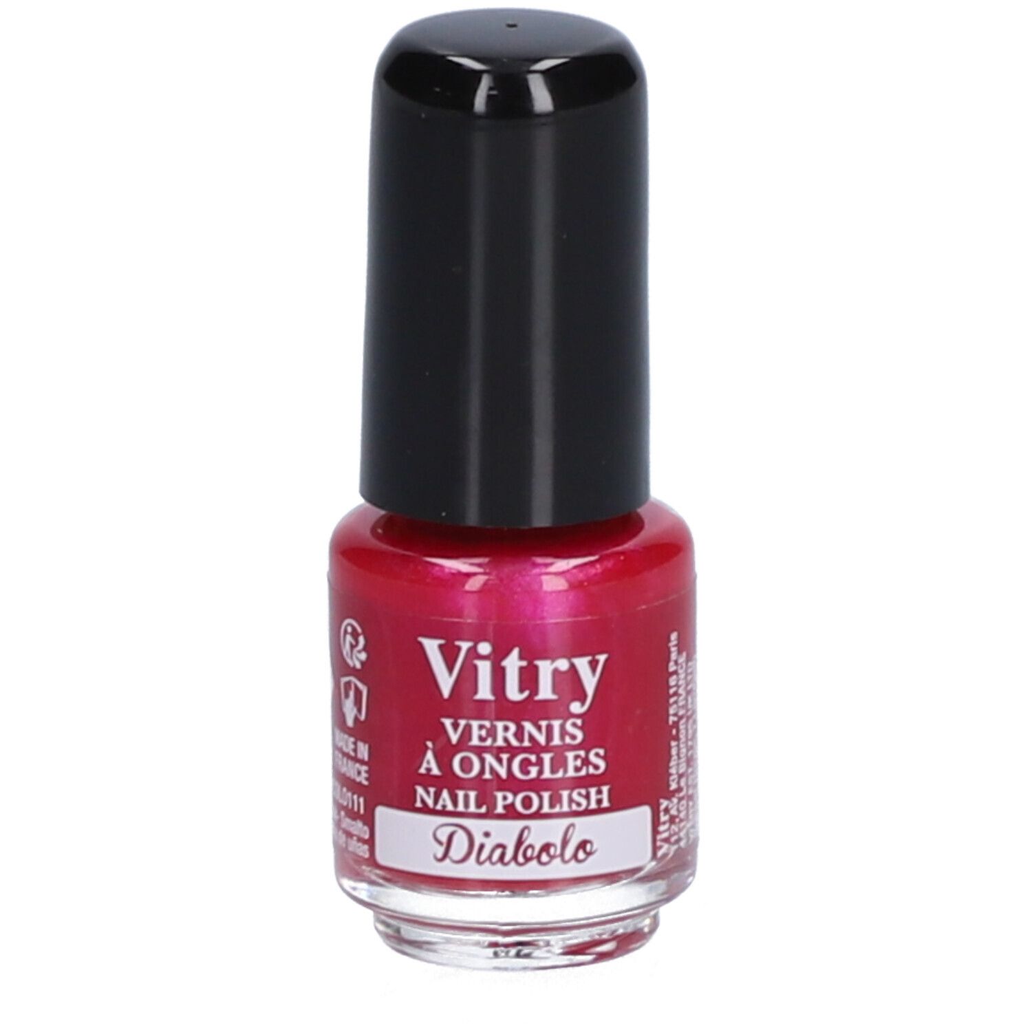 Rode nagellakfles met zwarte dop. Opschrift: Vitry, Diabolo.