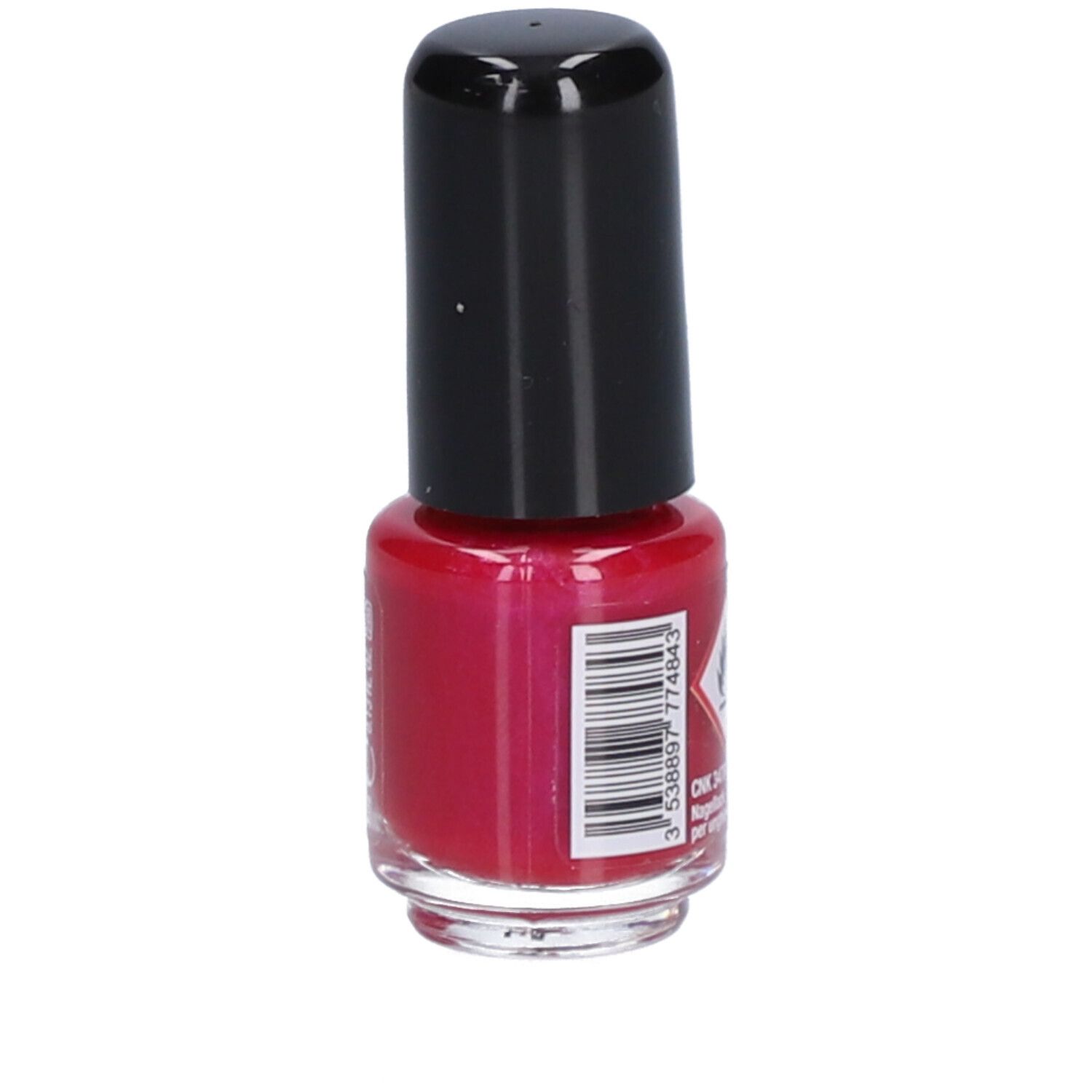 Rode nagellakfles met zwarte dop. Barcode en waarschuwingssymbool.