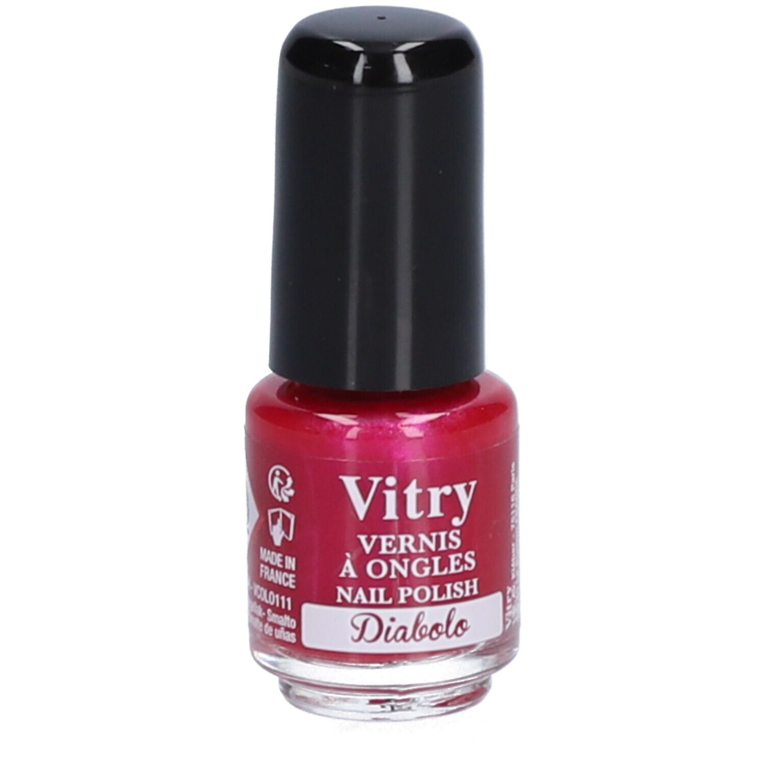 Rode nagellakfles met zwarte dop. Opschrift: Vitry, Diabolo.