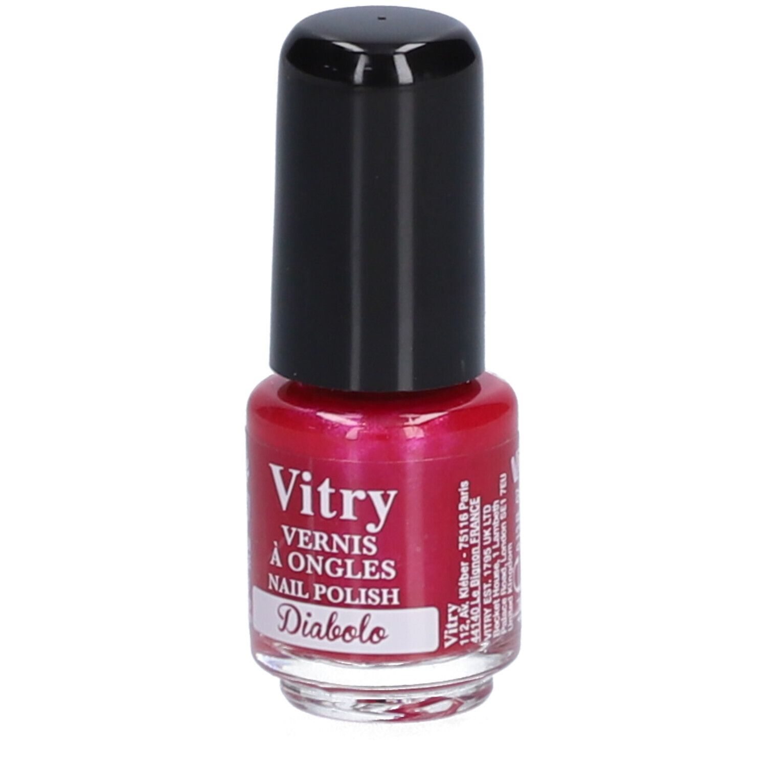 Rode nagellakfles met zwarte dop. Opschrift: Vitry, Diabolo.