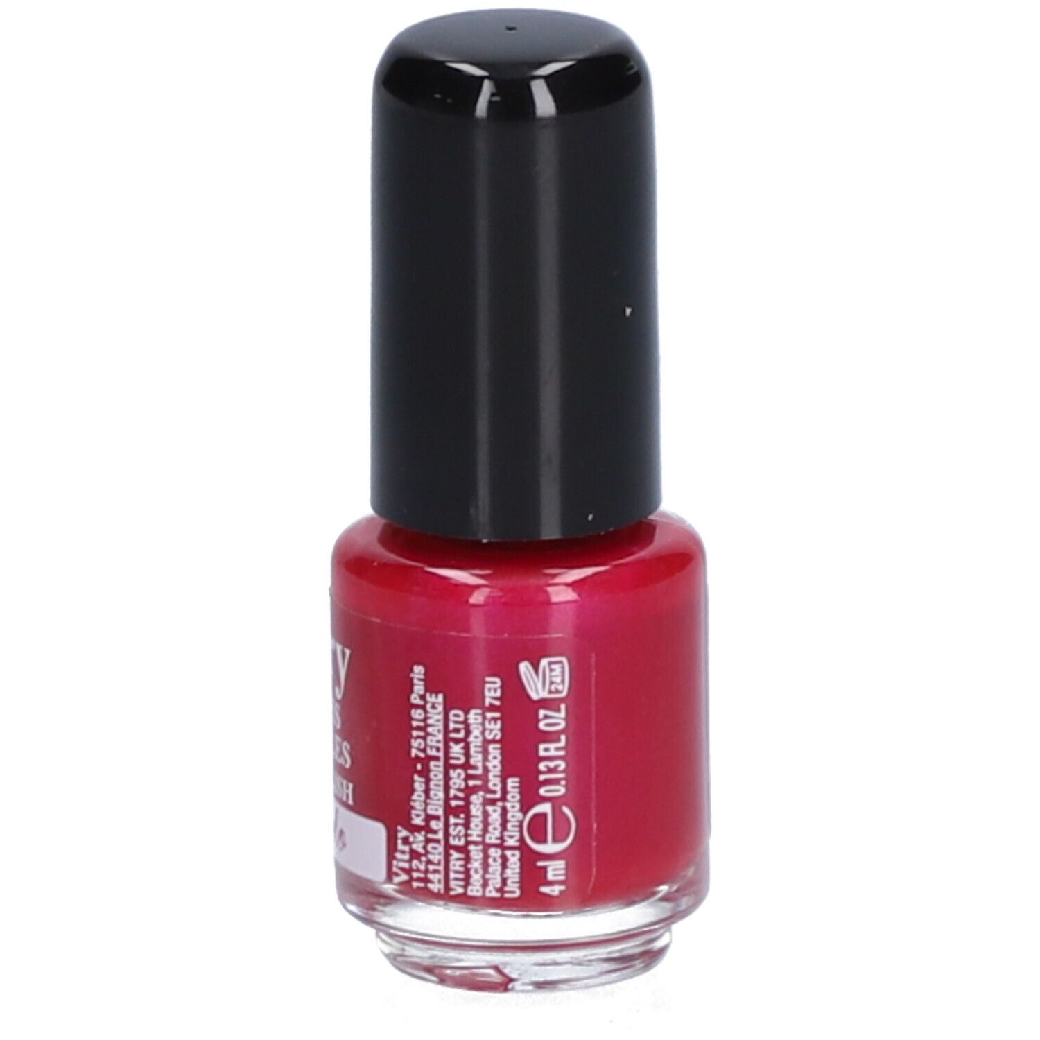 Rode nagellakfles met zwarte dop. Volume: 4 ml, 0.13 fl. oz.