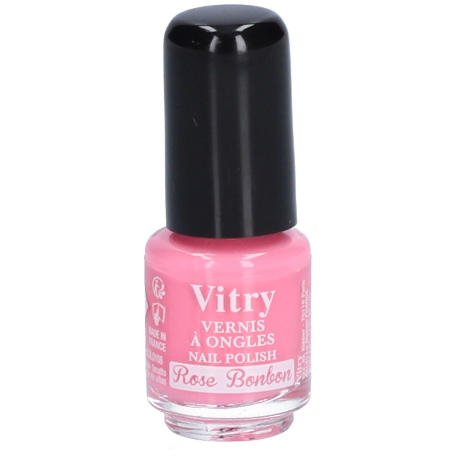 Roze nagellakflesje met zwarte dop. Opschrift: Vitry, Vernis à Ongles, Nail Polish, Rose Bonbon.