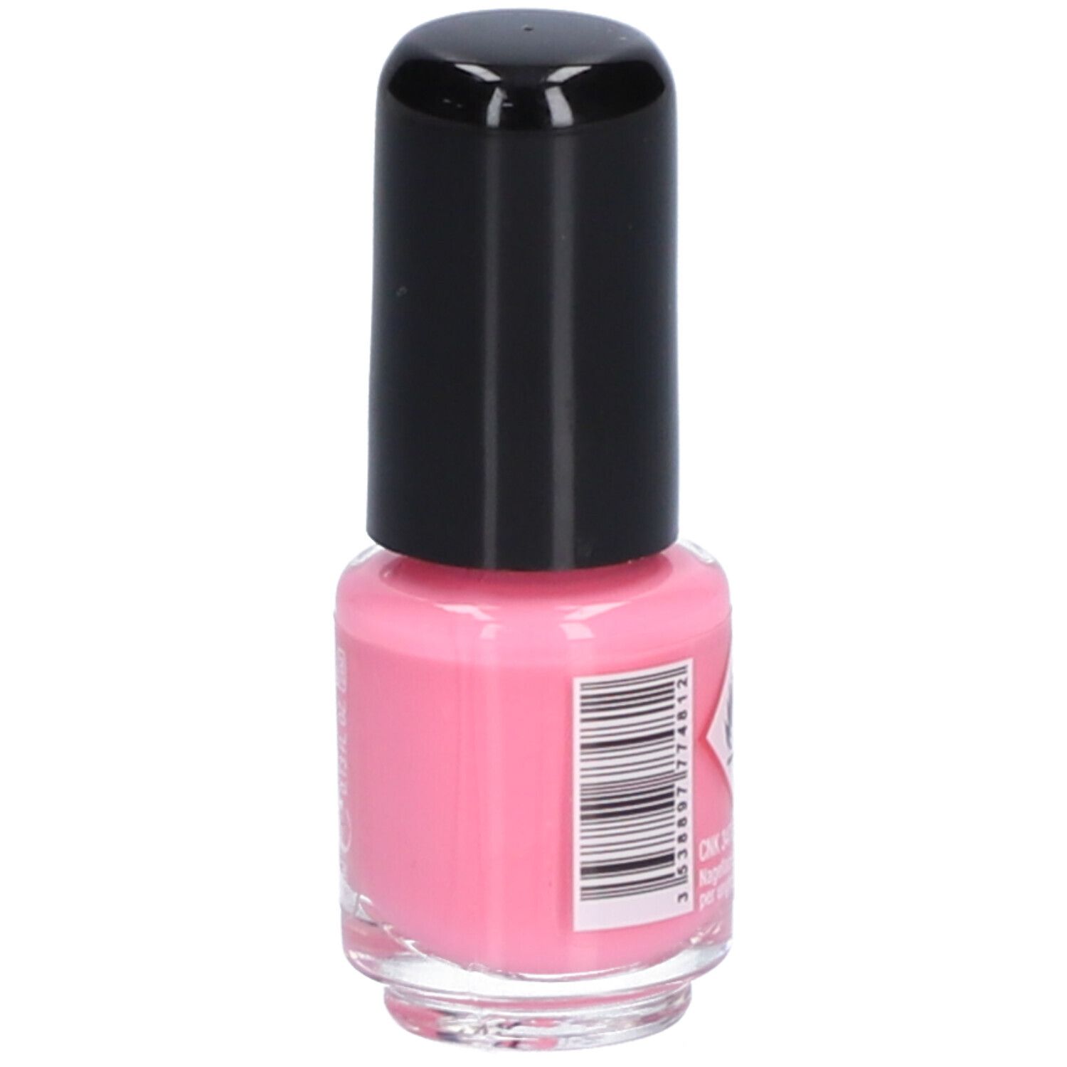 Roze nagellakflesje met zwarte dop. Opschrift: Vitry, Vernis à Ongles, Nail Polish, Rose Bonbon. Streepjescode.