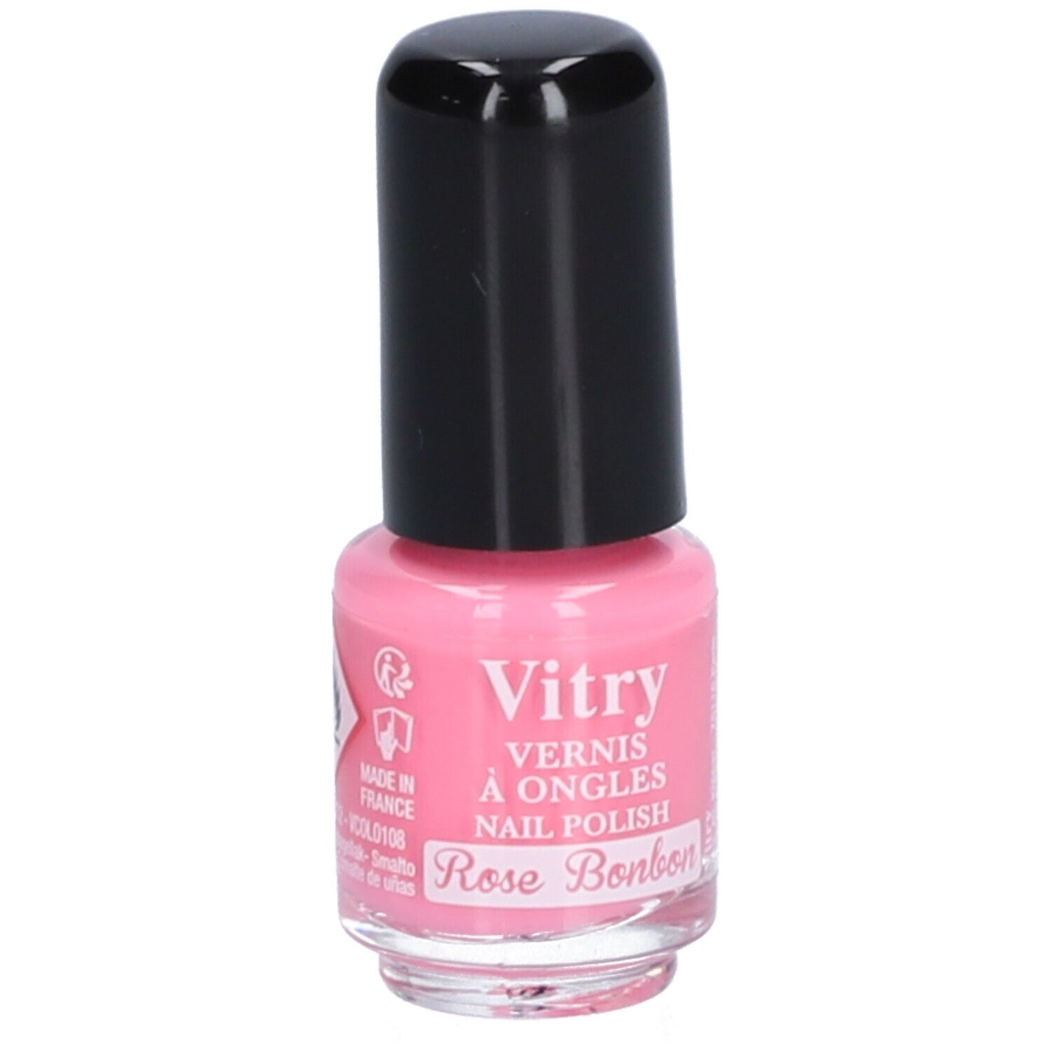 Roze nagellakflesje met zwarte dop. Opschrift: Vitry, Vernis à Ongles, Nail Polish, Rose Bonbon. Logo.