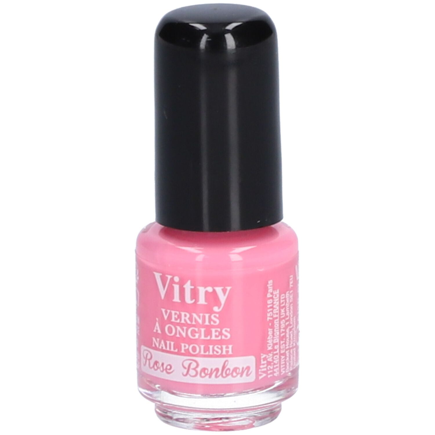 Roze nagellakflesje met zwarte dop. Opschrift: Vitry, Vernis à Ongles, Nail Polish, Rose Bonbon. Adres.