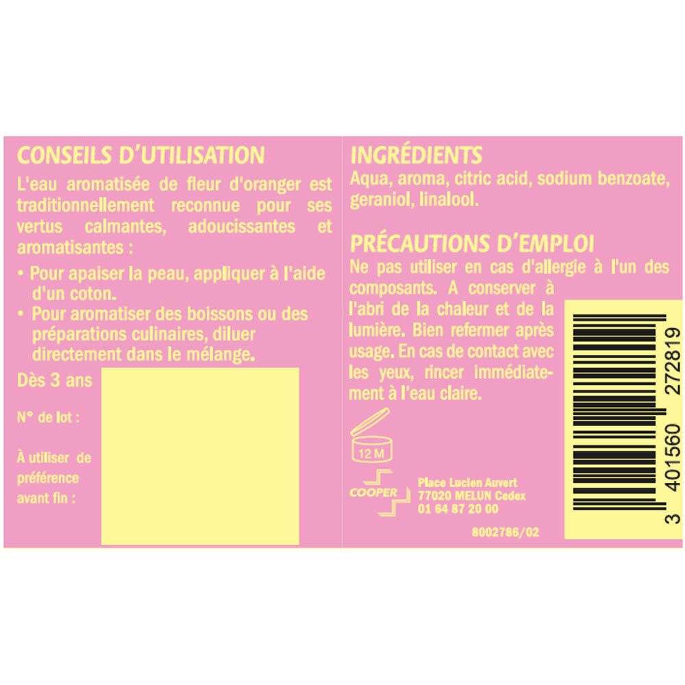 Roze etiket met tekst. Bevat informatie over ingrediënten, gebruikstips en voorzorgsmaatregelen. Barcode en houdbaarheidsdatum.